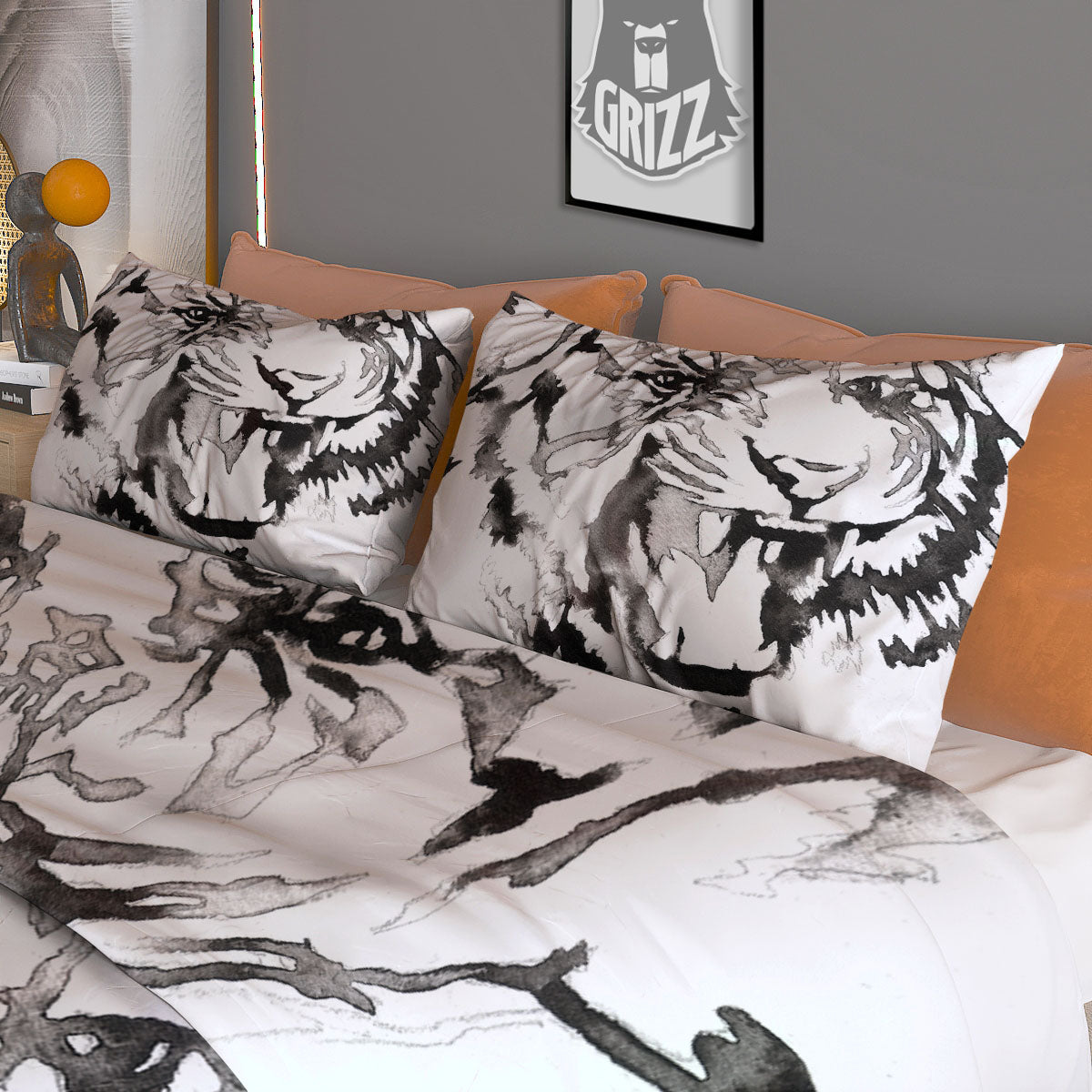 White Tiger Watercolor Monochrome Print Duvet Cover Bedding Set