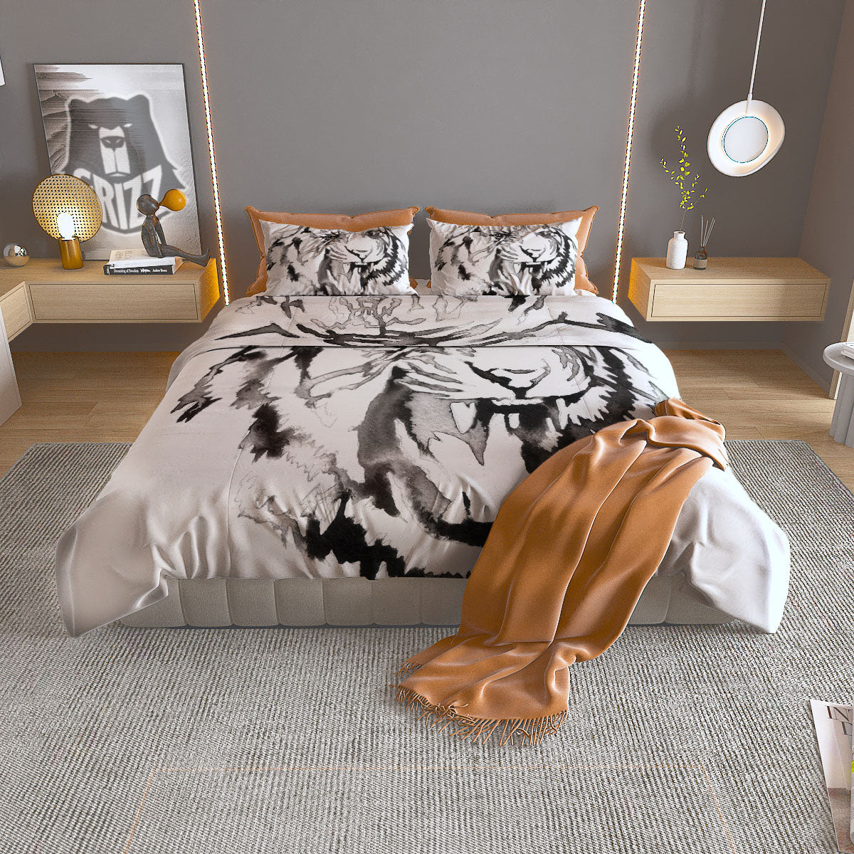 White Tiger Watercolor Monochrome Print Duvet Cover Bedding Set