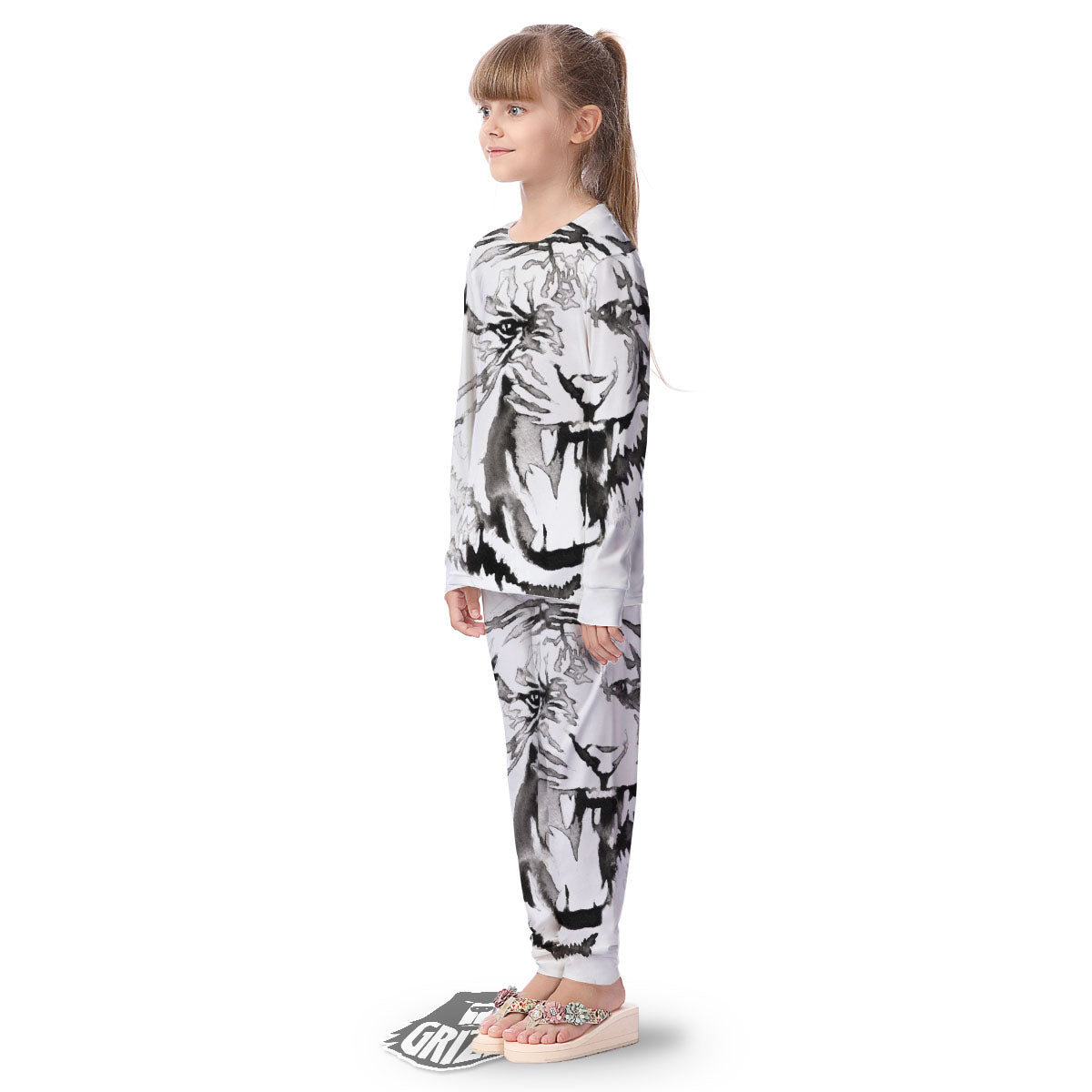 White Tiger Watercolor Monochrome Print Kid's Pajamas-grizzshop