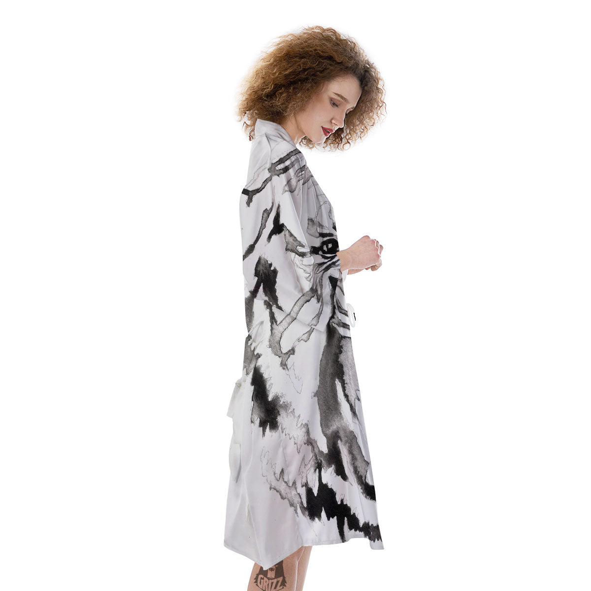 White Tiger Watercolor Monochrome Print Kimono-grizzshop