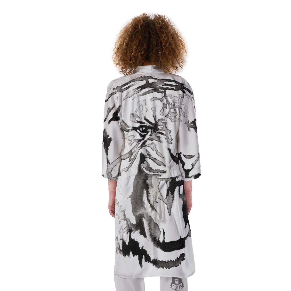 White Tiger Watercolor Monochrome Print Kimono-grizzshop