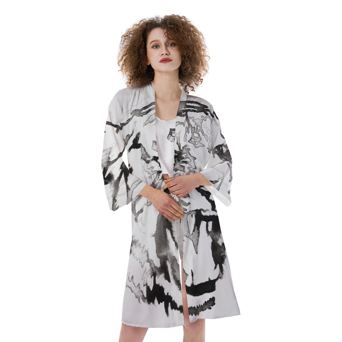White Tiger Watercolor Monochrome Print Kimono-grizzshop