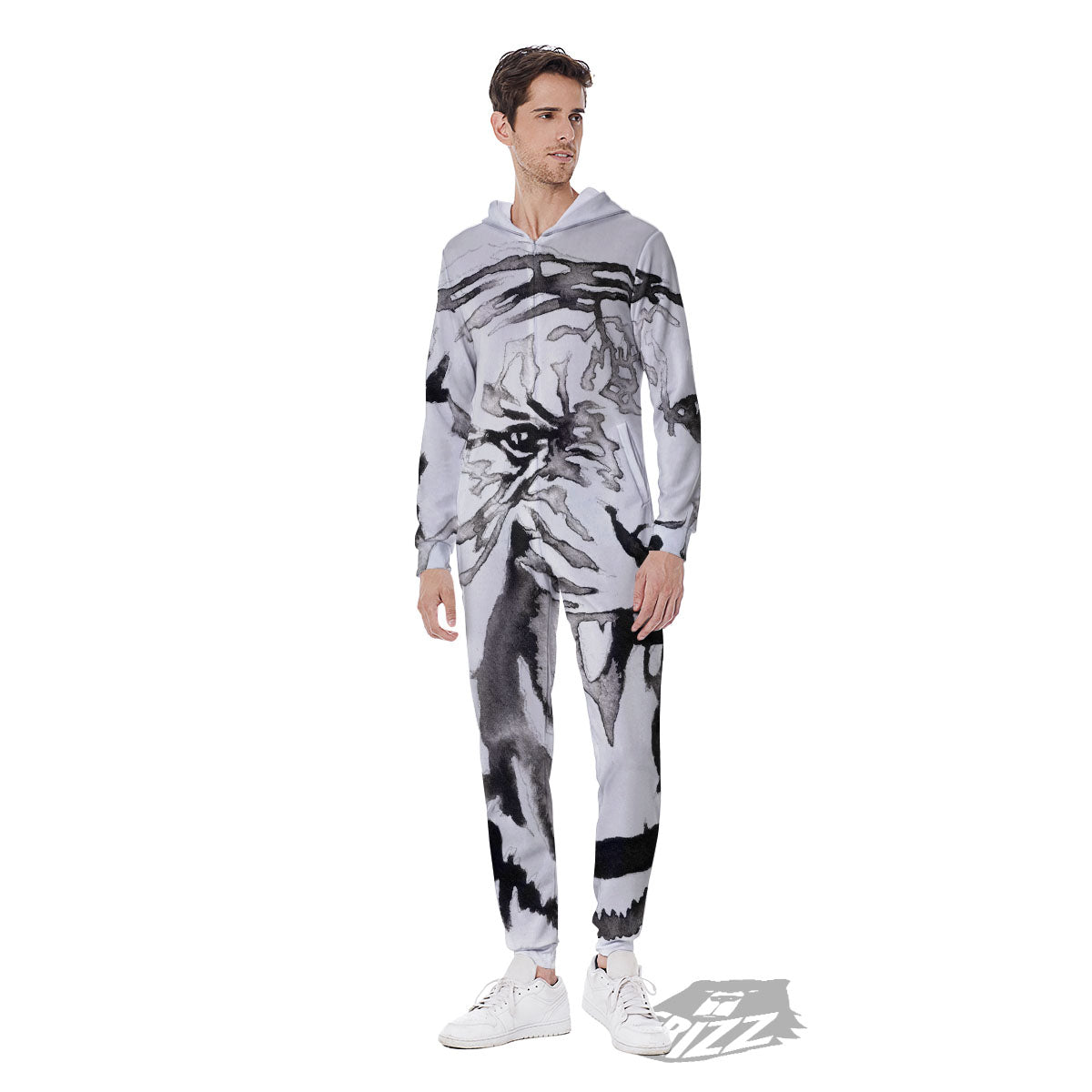 White Tiger Watercolor Monochrome Print Men's Jumpsuit-grizzshop
