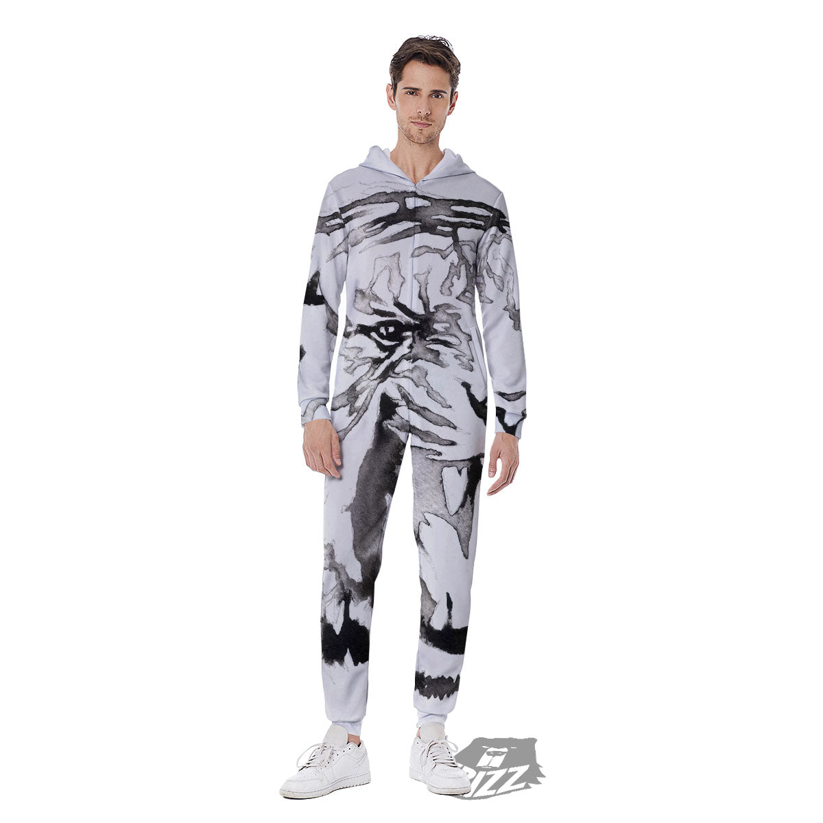 White Tiger Watercolor Monochrome Print Men's Jumpsuit-grizzshop