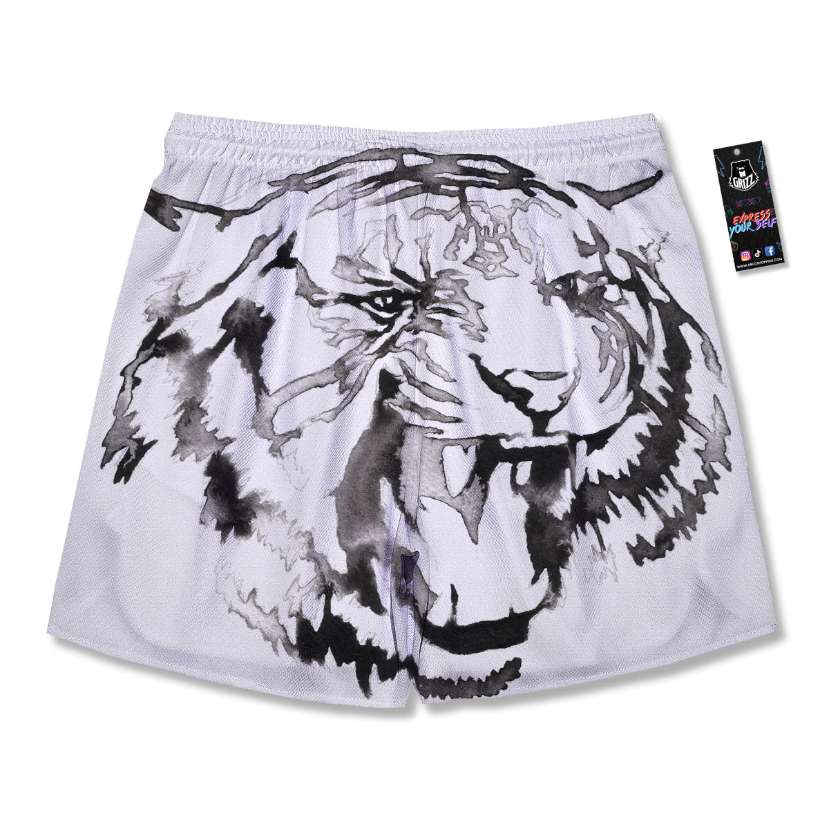 White Tiger Watercolor Monochrome Print Men's Running Shorts-grizzshop