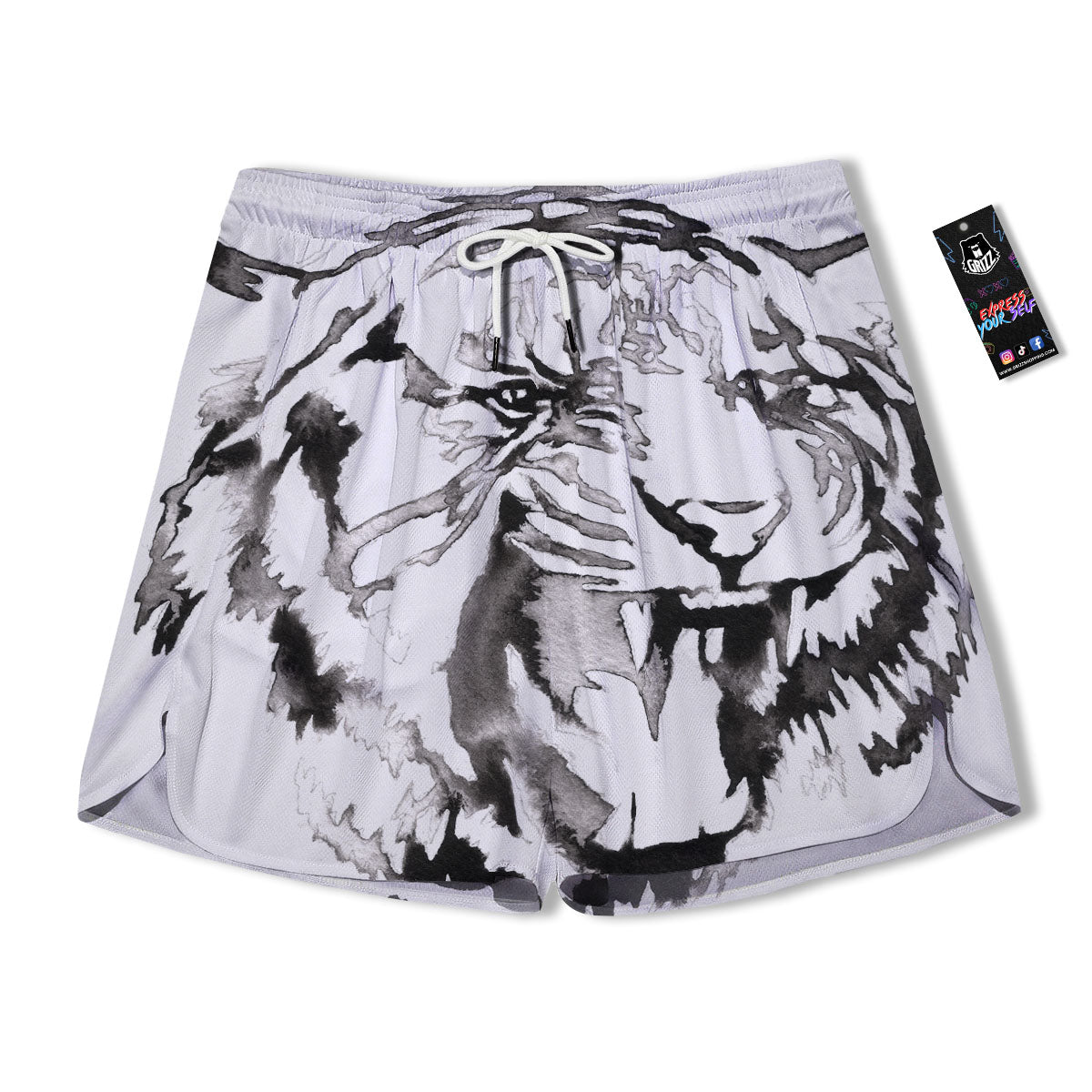 White Tiger Watercolor Monochrome Print Men's Running Shorts-grizzshop