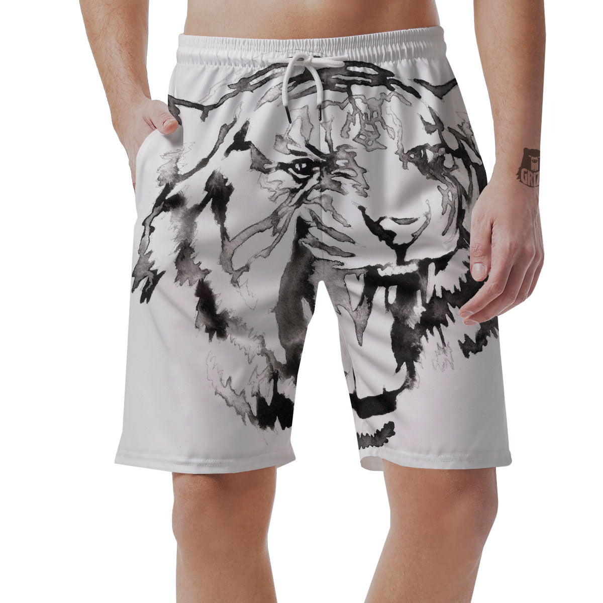 White Tiger Watercolor Monochrome Print Men's Shorts-grizzshop
