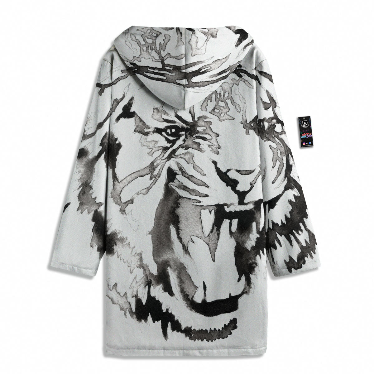 White Tiger Watercolor Monochrome Print Men's Windbreaker Jacket-grizzshop