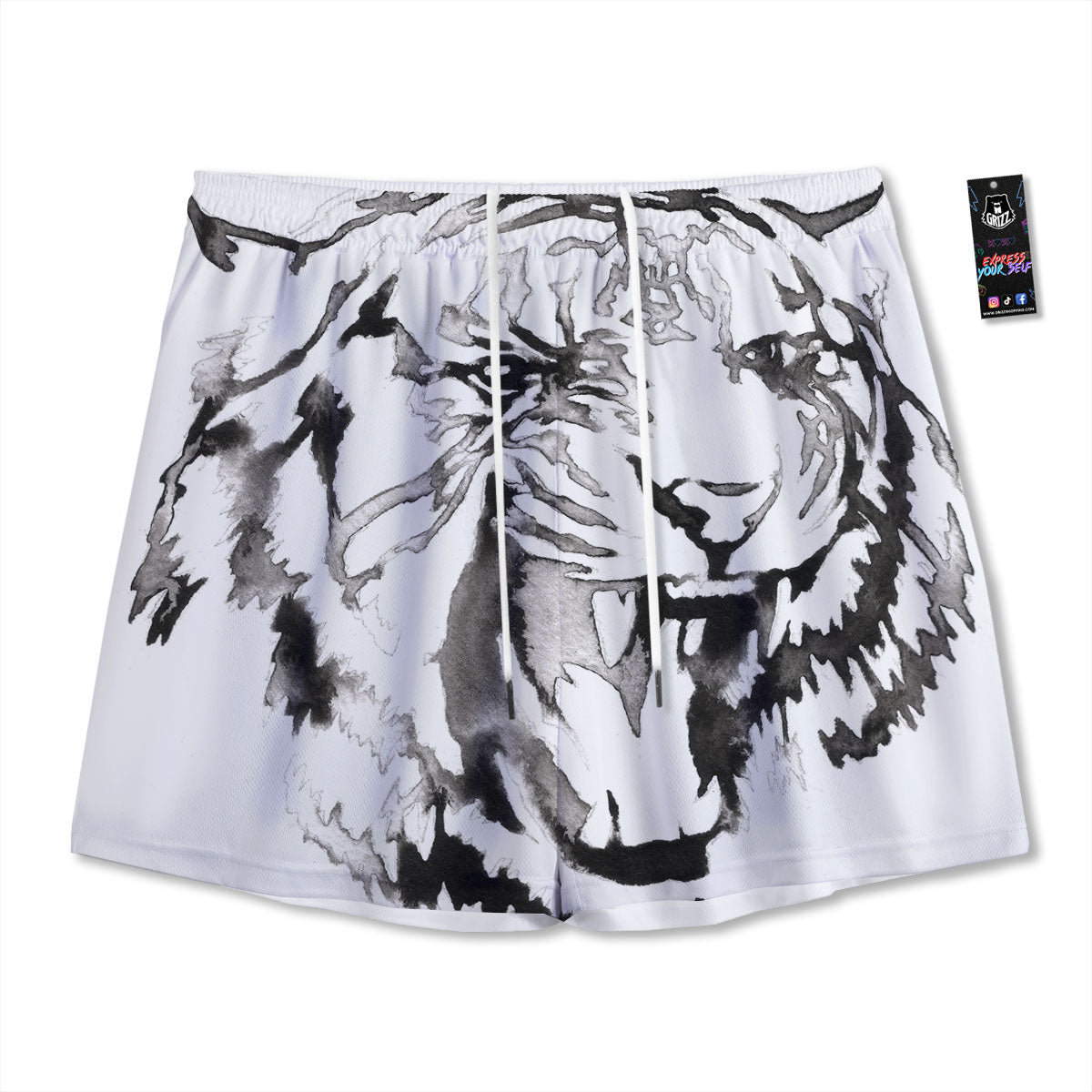 White Tiger Watercolor Monochrome Print Mesh Shorts
