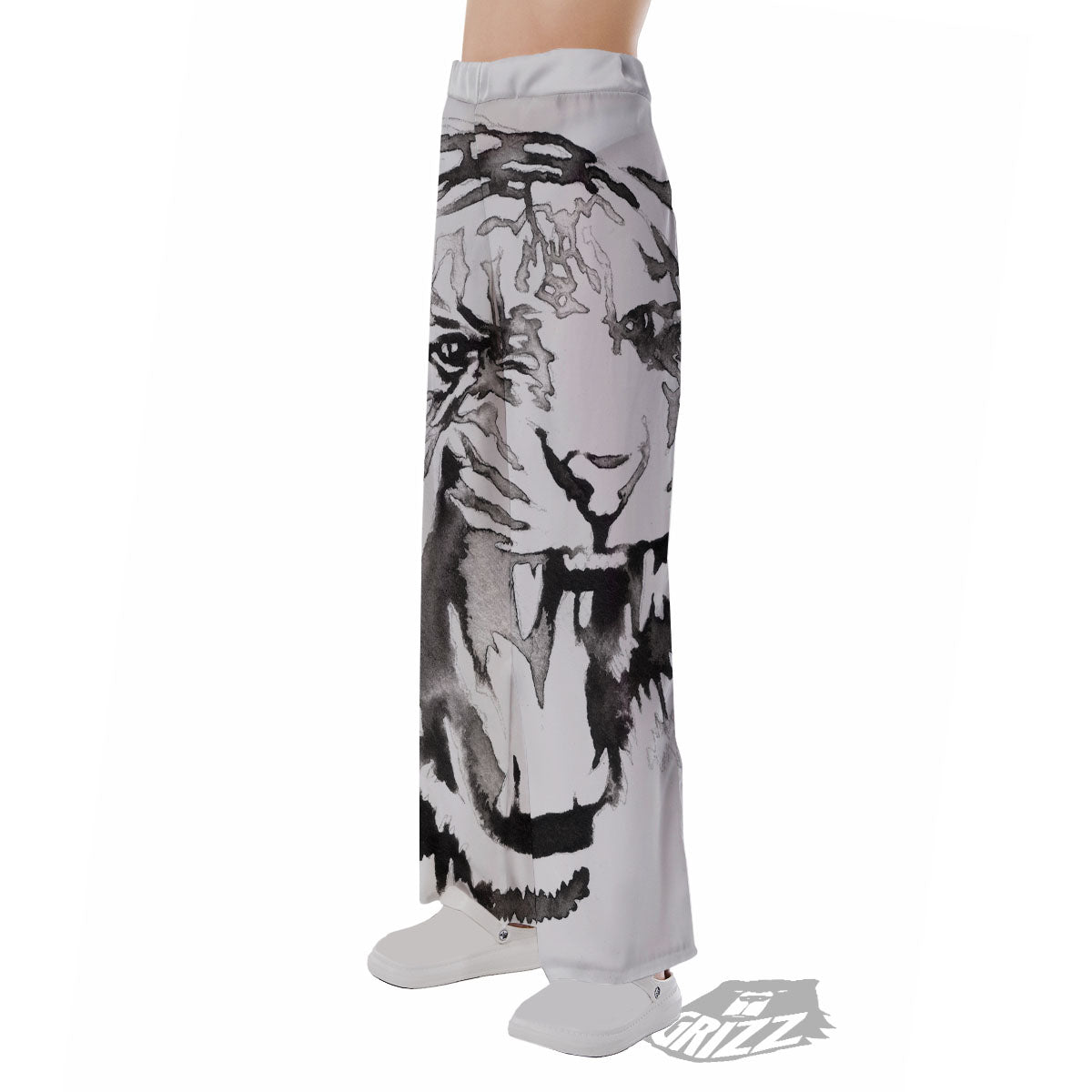 White Tiger Watercolor Monochrome Print Pajama Pants-grizzshop