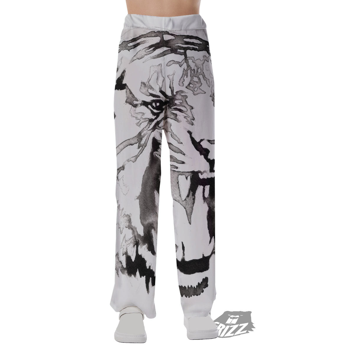 White Tiger Watercolor Monochrome Print Pajama Pants-grizzshop
