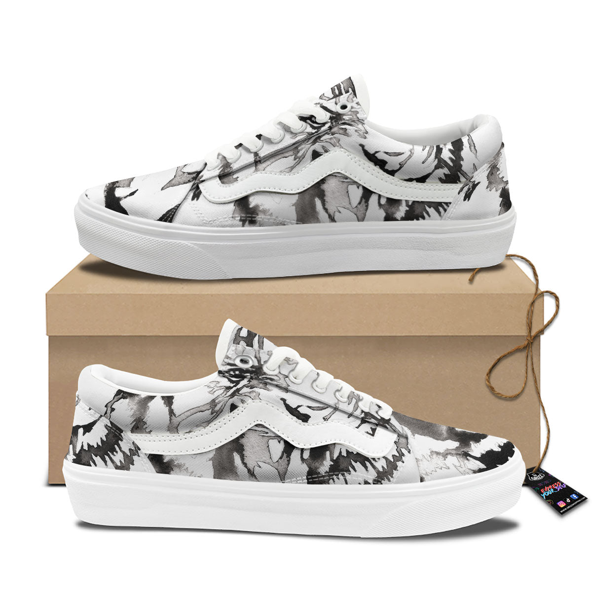 White Tiger Watercolor Monochrome Print Skate Shoes-grizzshop