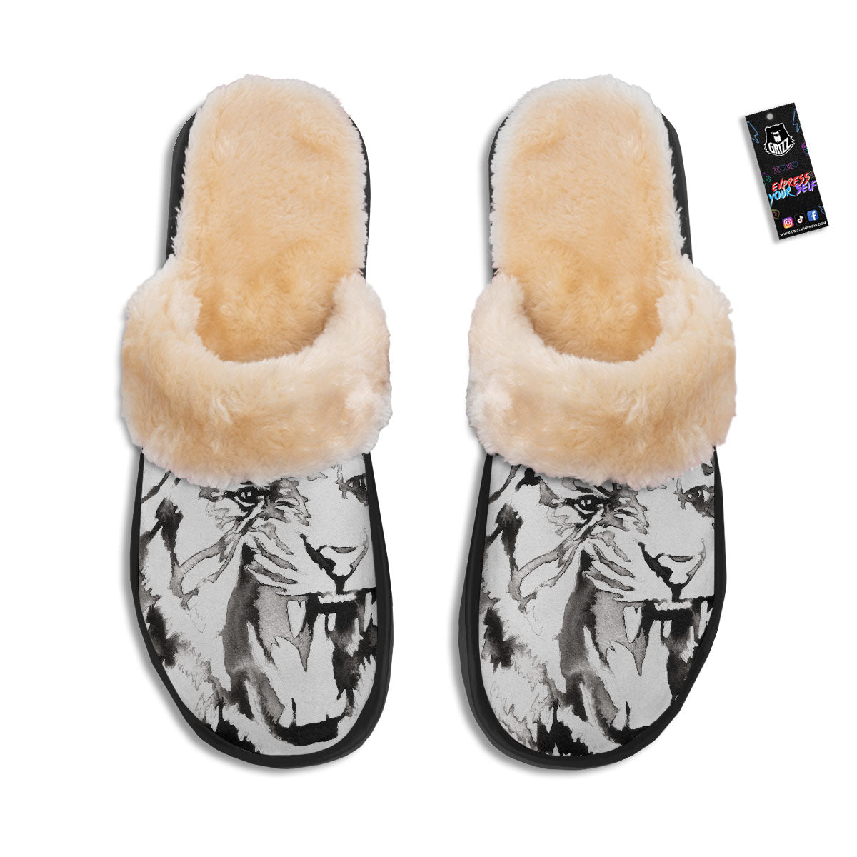 White Tiger Watercolor Monochrome Print Slippers-grizzshop