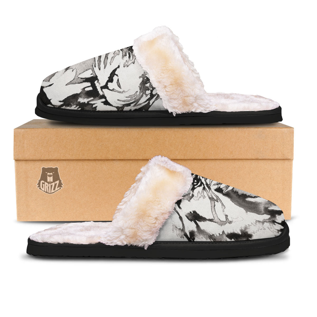 White Tiger Watercolor Monochrome Print Slippers-grizzshop