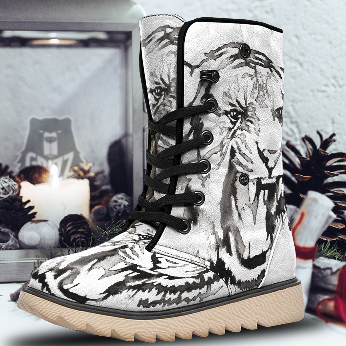 White Tiger Watercolor Monochrome Print Snow Boots-grizzshop