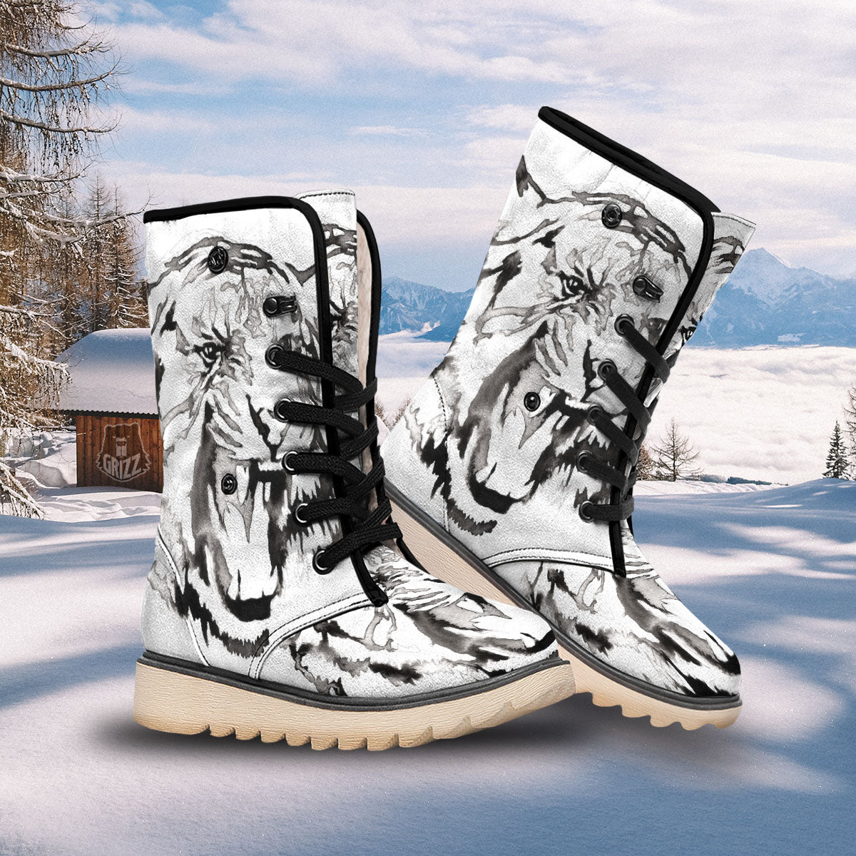 White Tiger Watercolor Monochrome Print Snow Boots-grizzshop