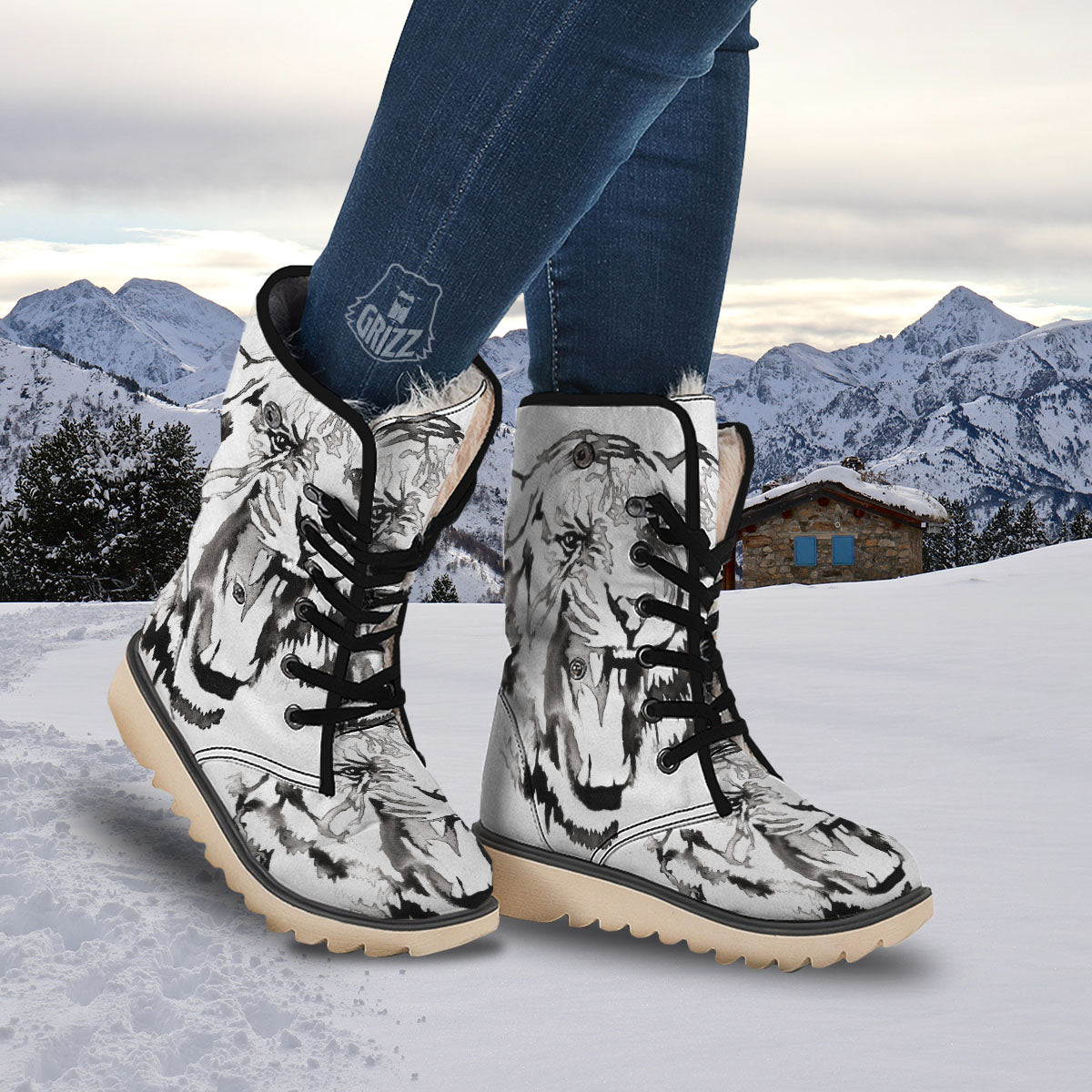 White Tiger Watercolor Monochrome Print Snow Boots-grizzshop