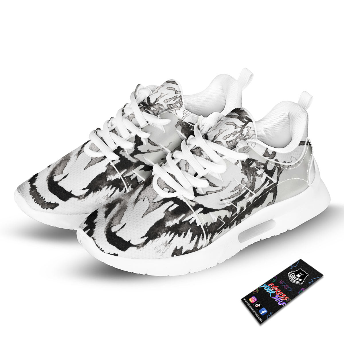 White Tiger Watercolor Monochrome Print Tennis Shoes-grizzshop