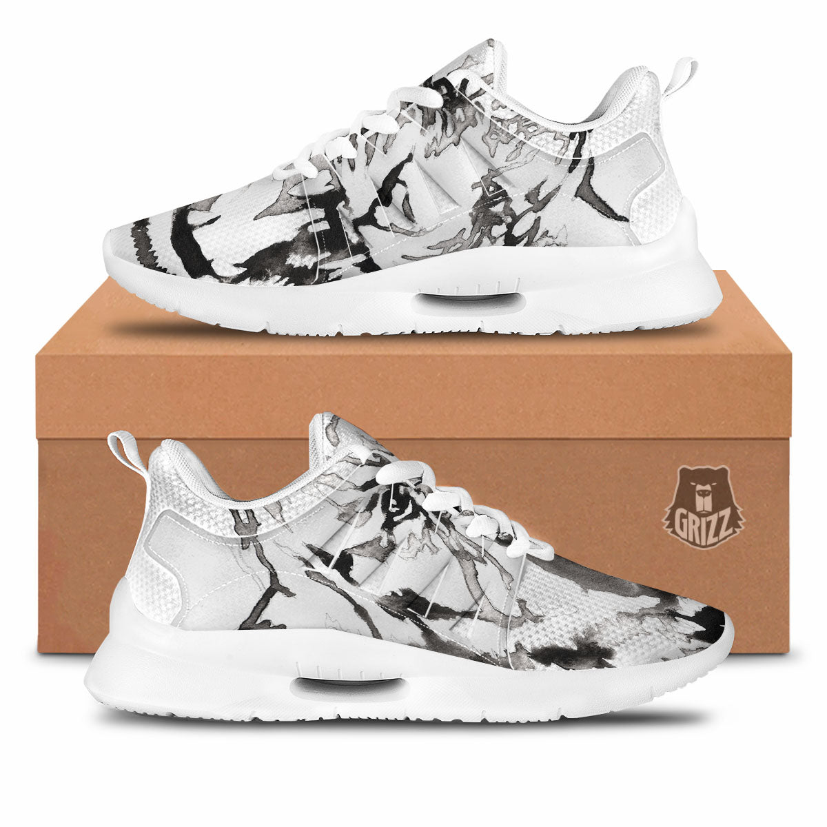 White Tiger Watercolor Monochrome Print Tennis Shoes-grizzshop