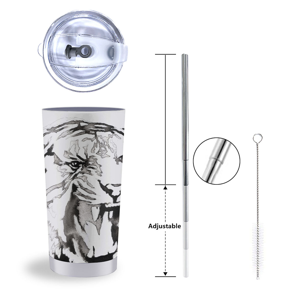 White Tiger Watercolor Monochrome Print Tumbler-grizzshop