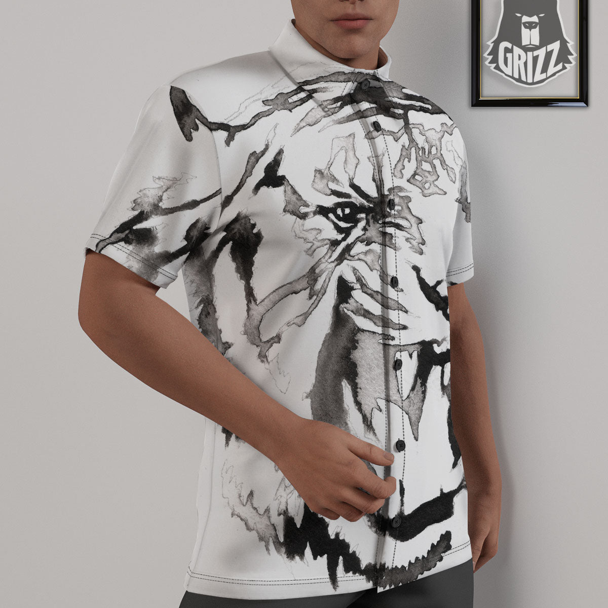 White Tiger Watercolor Monochrome Print Untucked Shirts-grizzshop