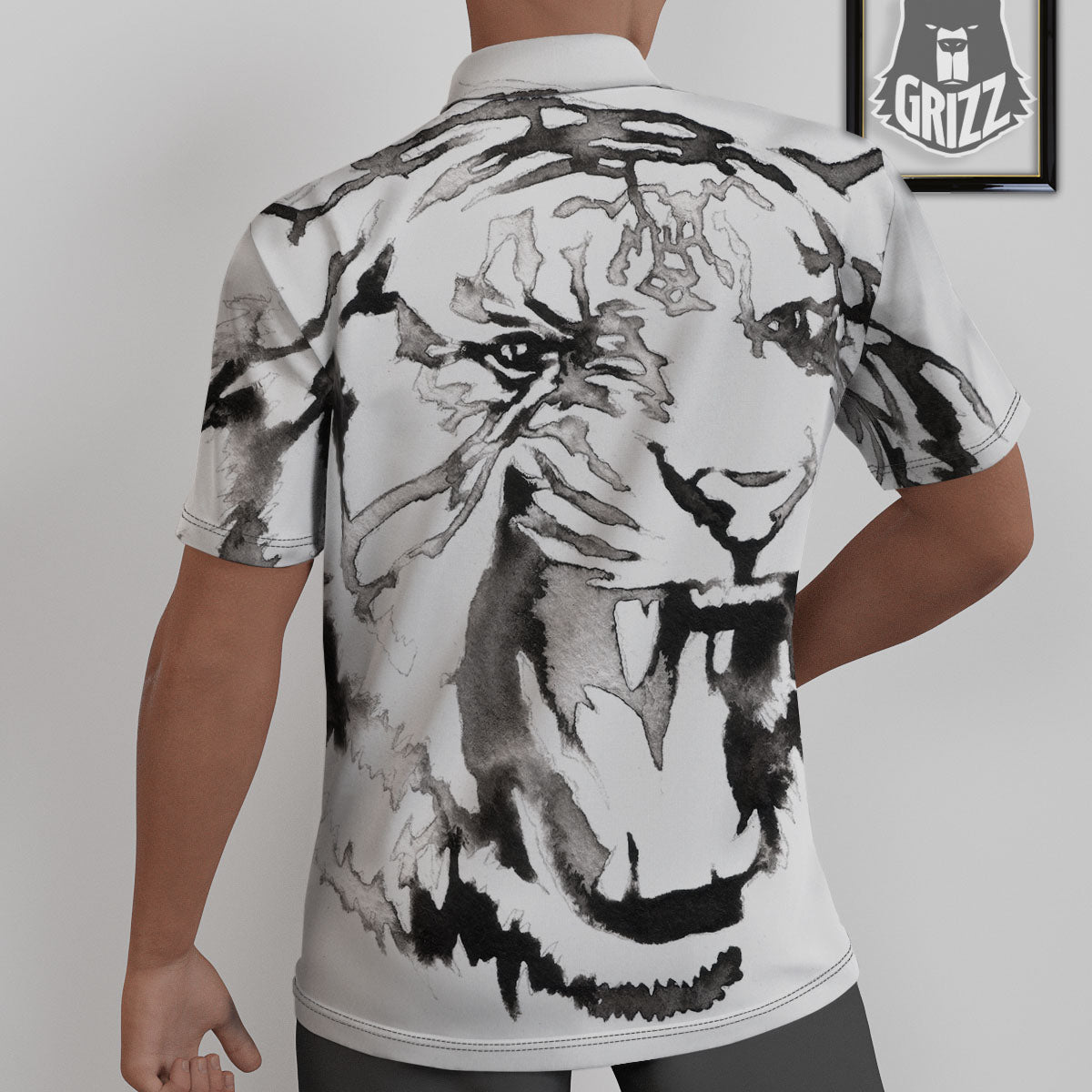 White Tiger Watercolor Monochrome Print Untucked Shirts-grizzshop