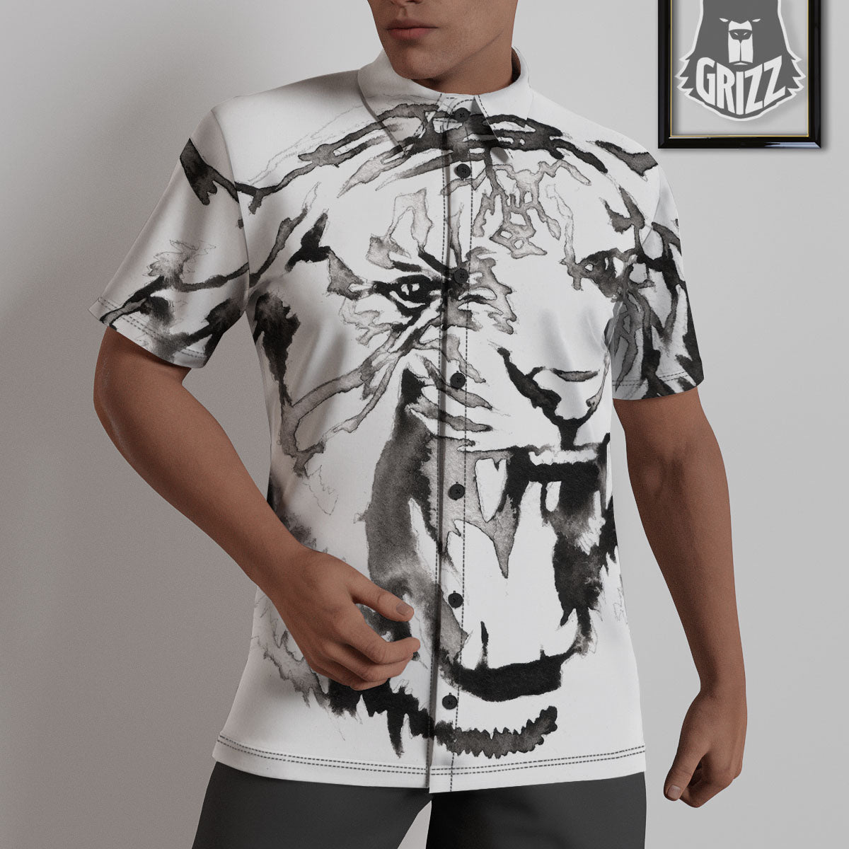 White Tiger Watercolor Monochrome Print Untucked Shirts-grizzshop