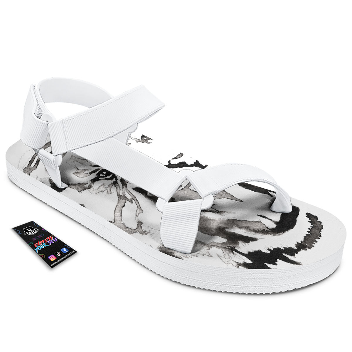 White Tiger Watercolor Monochrome Print White Open Toe Sandals-grizzshop
