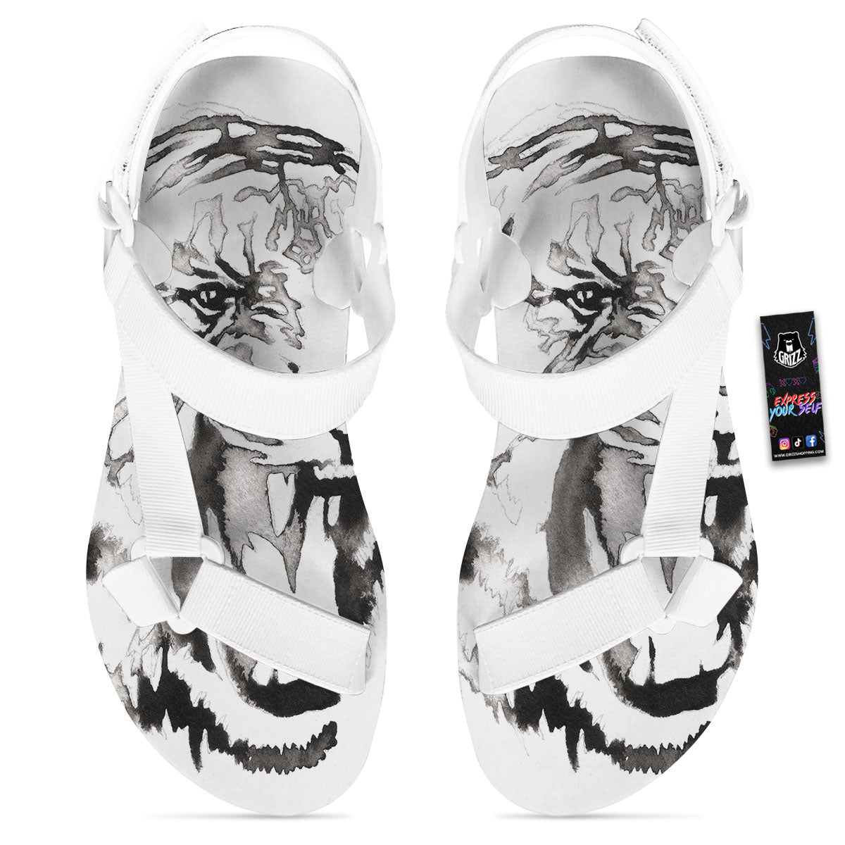 White Tiger Watercolor Monochrome Print White Open Toe Sandals-grizzshop