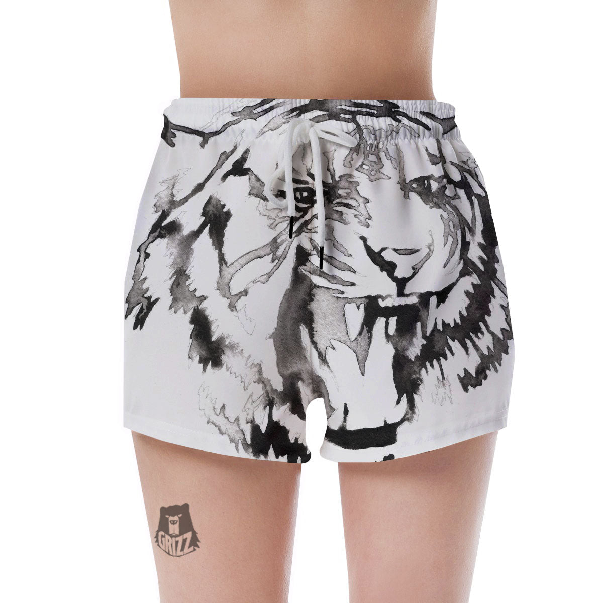 White Tiger Watercolor Monochrome Print Women's Shorts-grizzshop