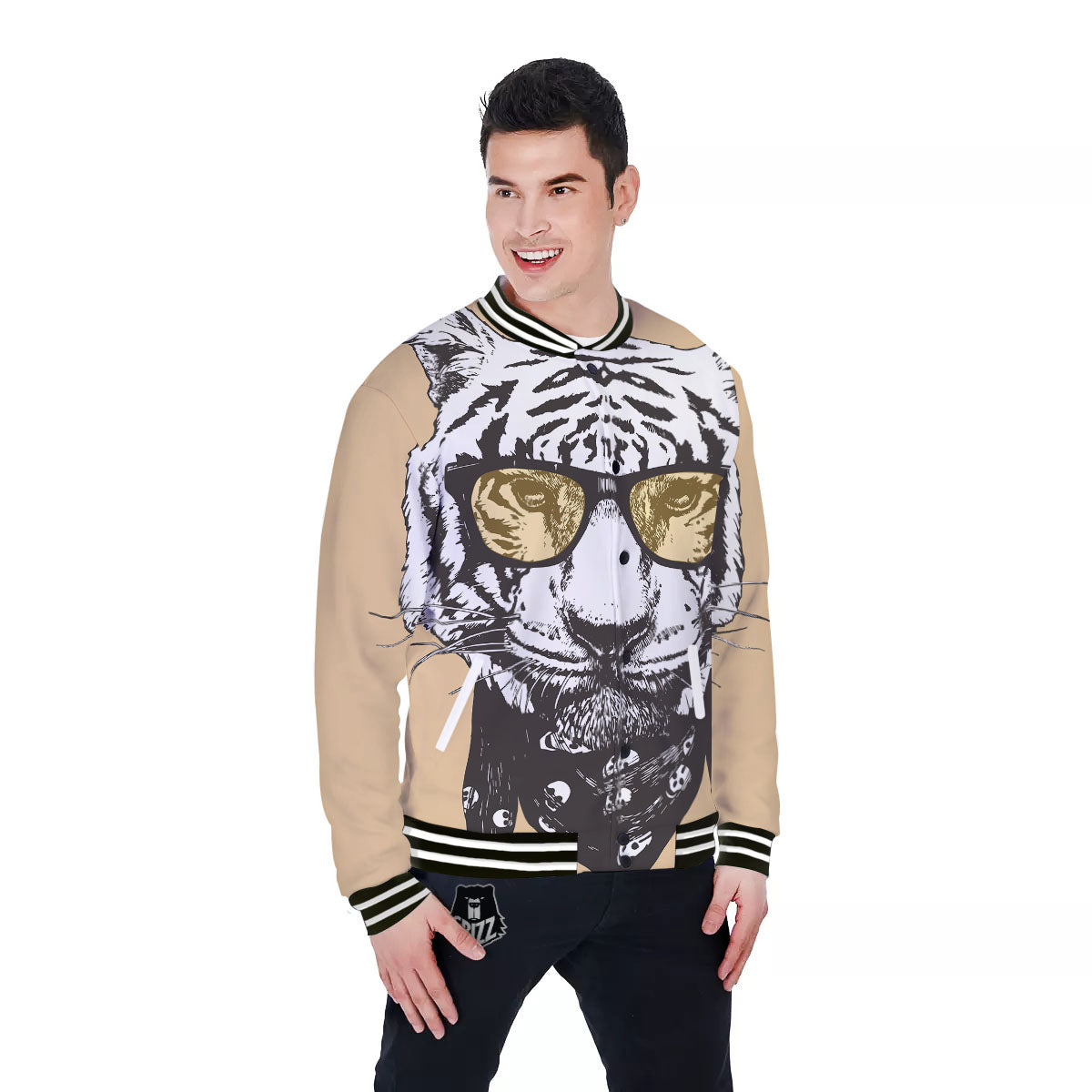 White Tiger With Sunglasses Print Pattern Baseball Jacket-grizzshop