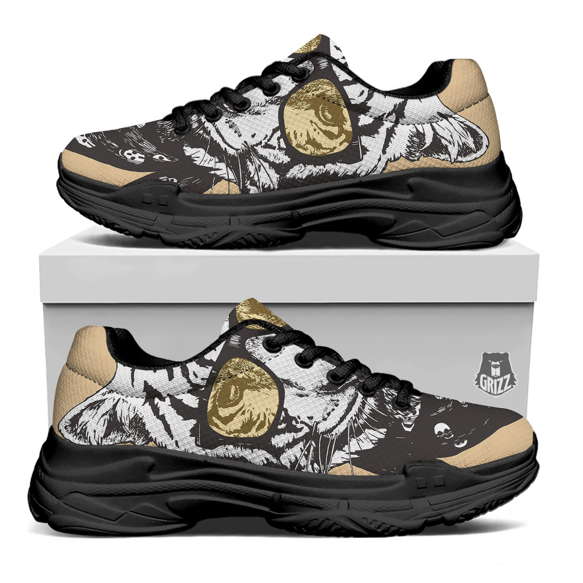 White Tiger With Sunglasses Print Pattern Black Chunky Shoes-grizzshop