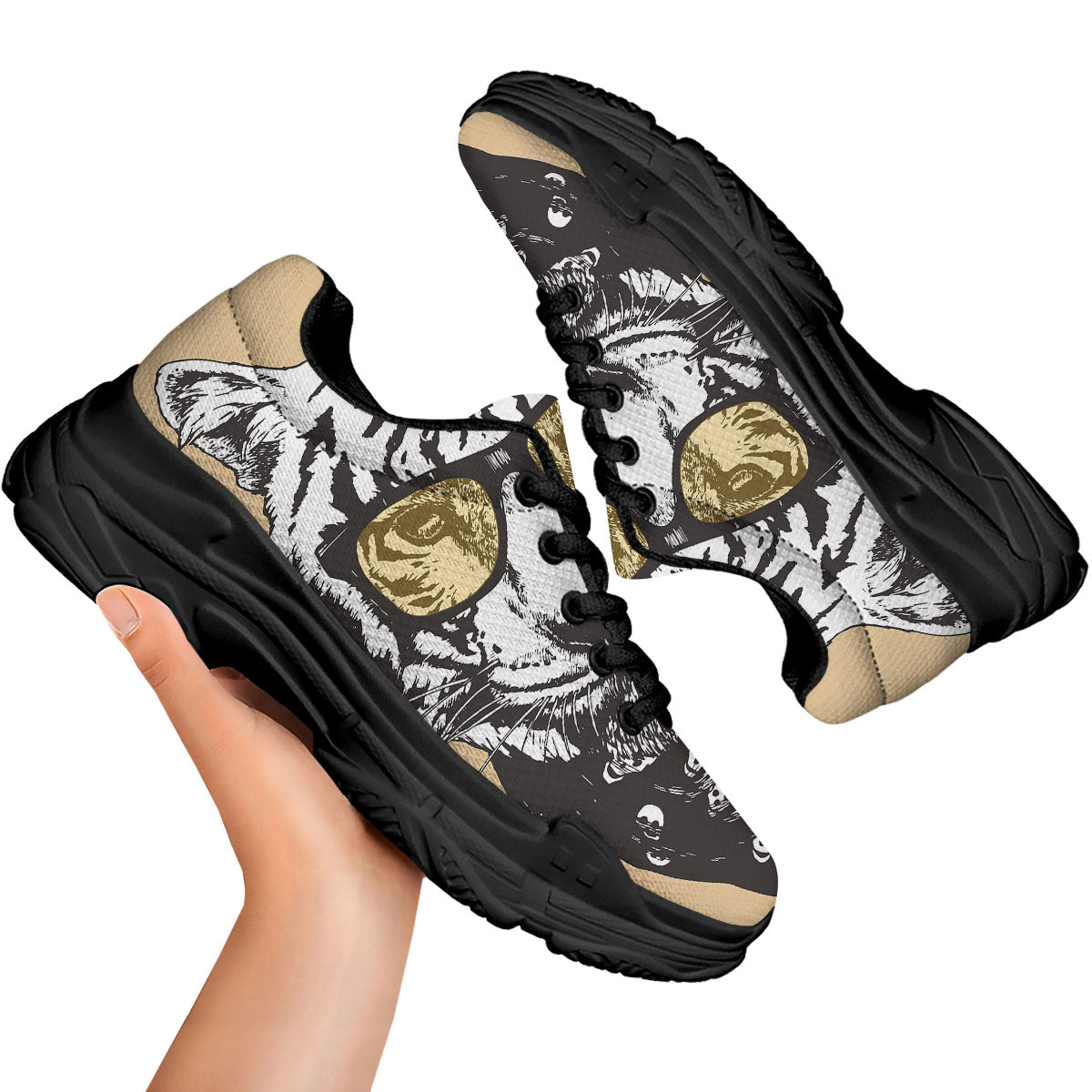White Tiger With Sunglasses Print Pattern Black Chunky Shoes-grizzshop