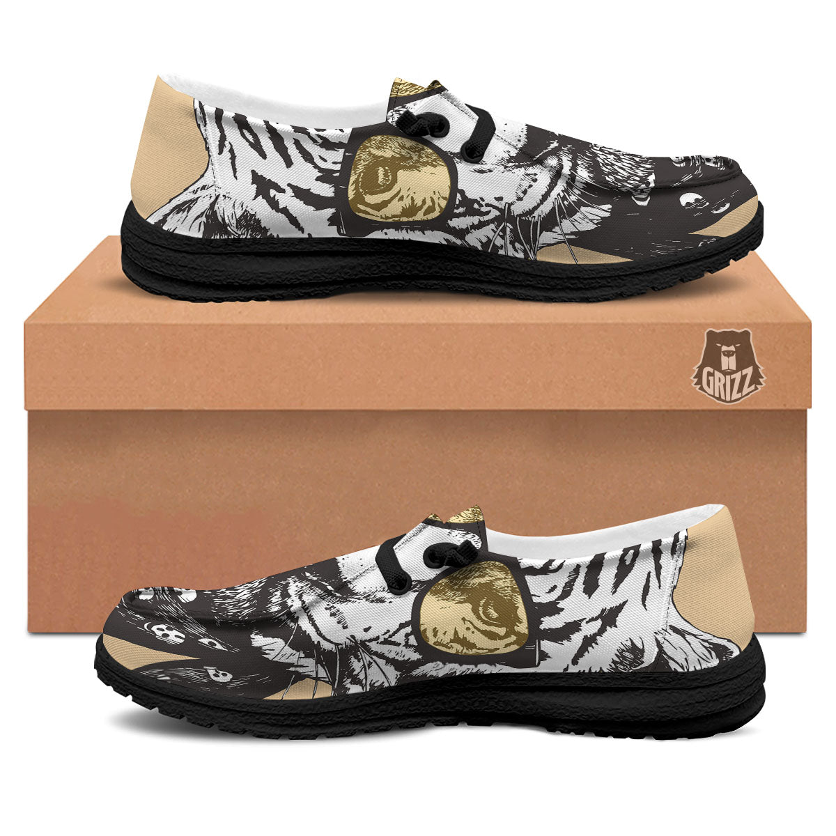 White Tiger With Sunglasses Print Pattern Black Loafers-grizzshop