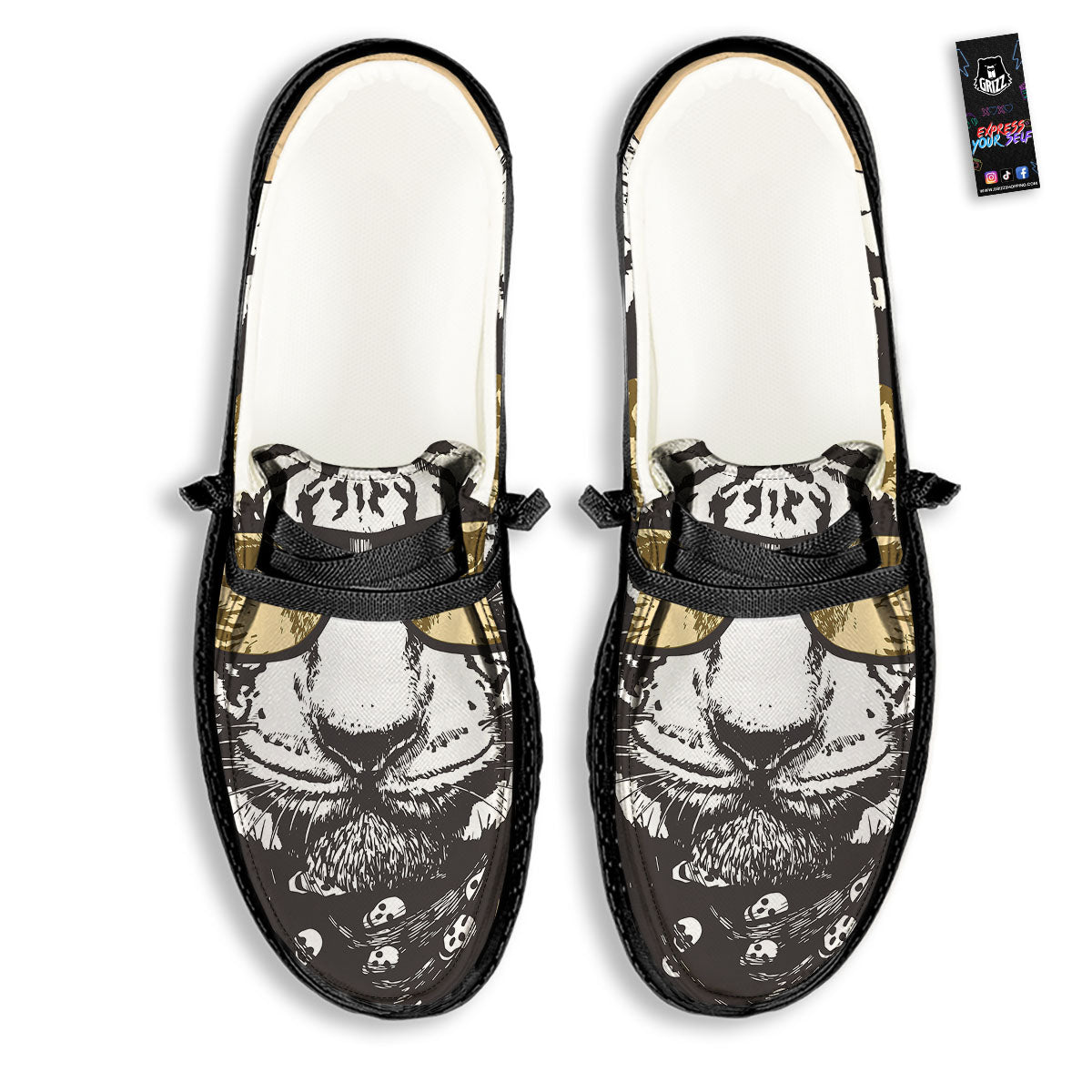 White Tiger With Sunglasses Print Pattern Black Loafers-grizzshop