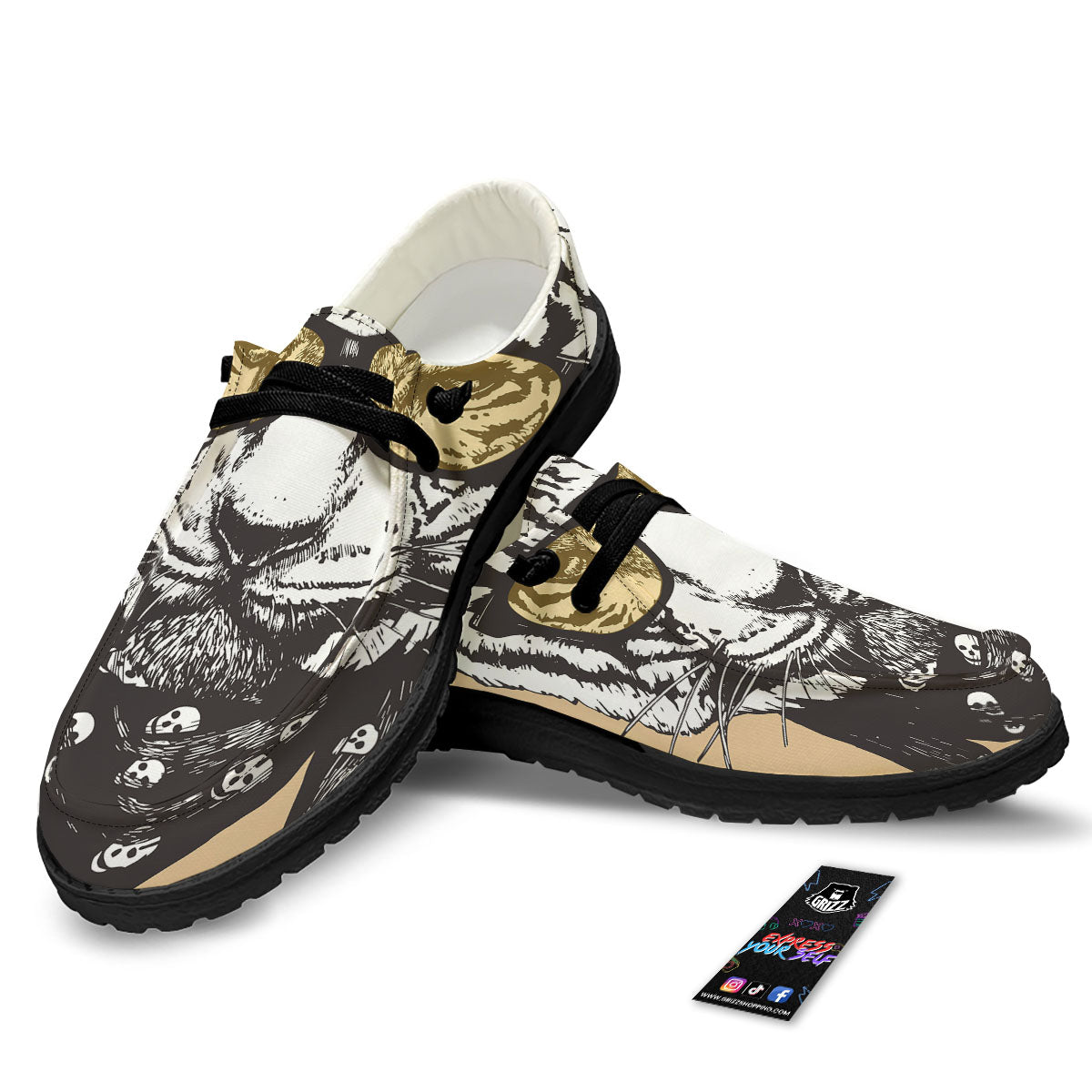 White Tiger With Sunglasses Print Pattern Black Loafers-grizzshop
