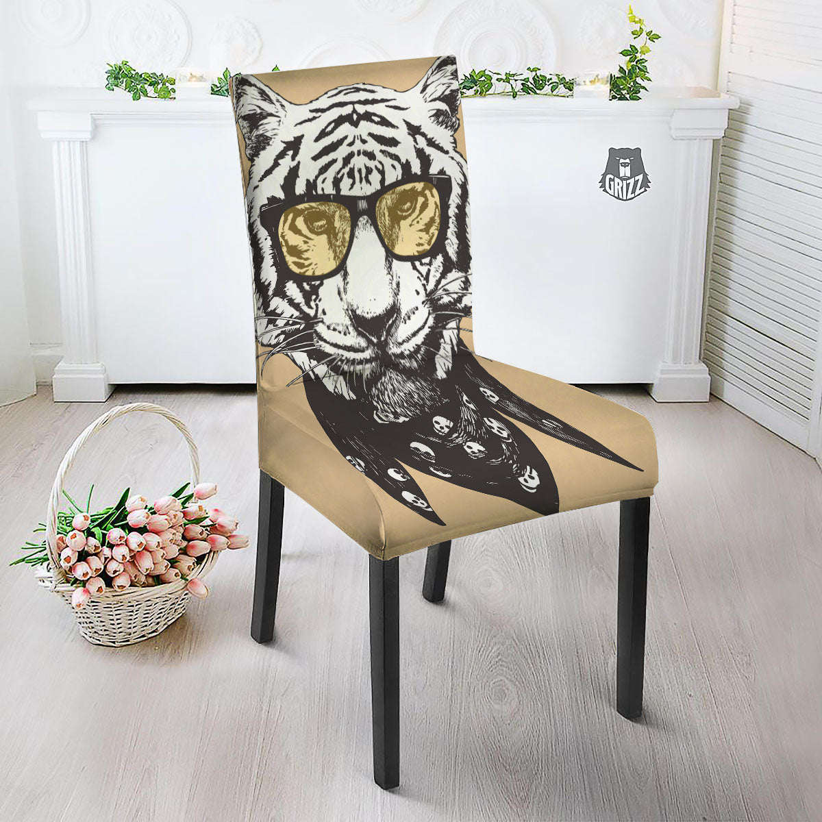 White Tiger With Sunglasses Print Pattern Dining Chair Slipcover-grizzshop