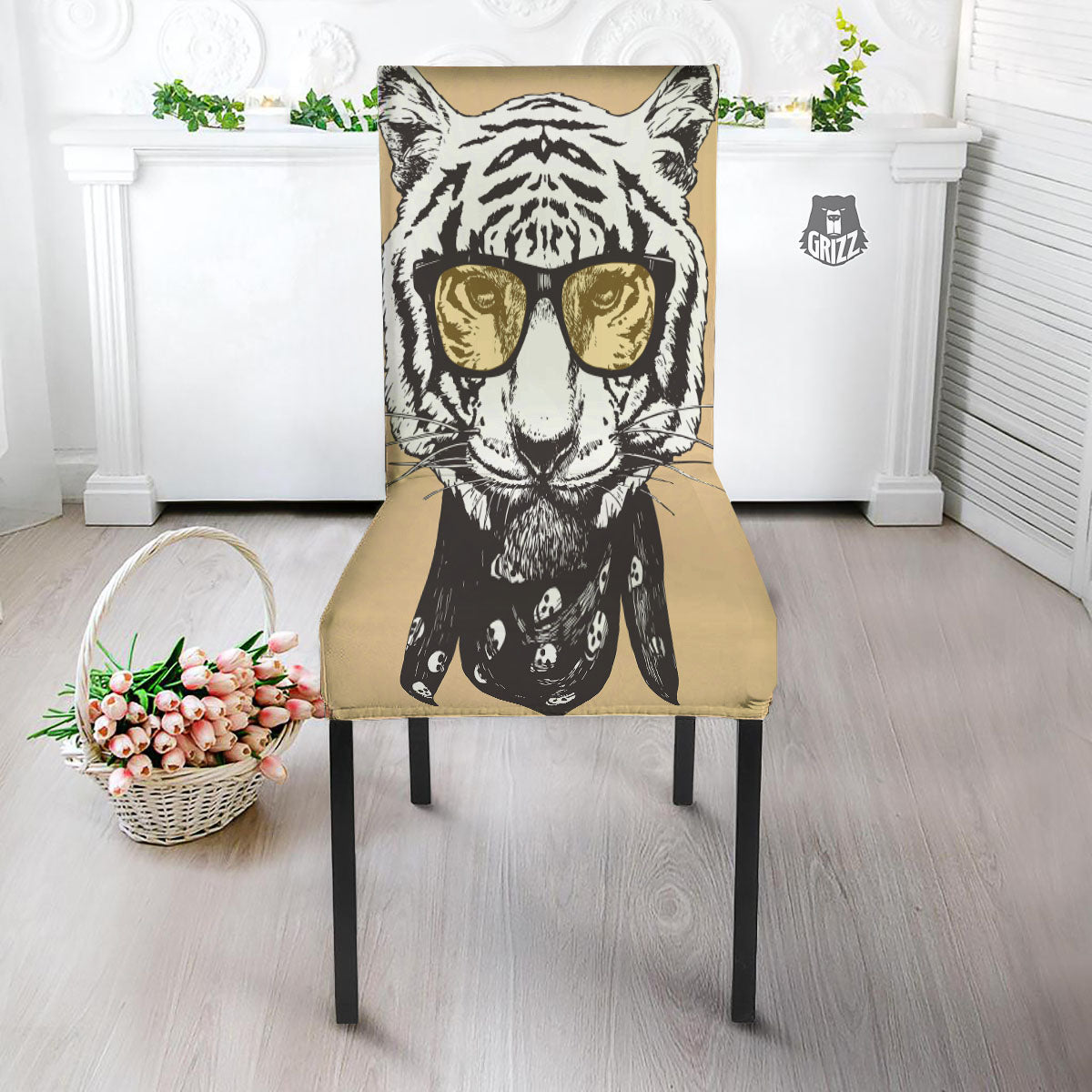 White Tiger With Sunglasses Print Pattern Dining Chair Slipcover-grizzshop