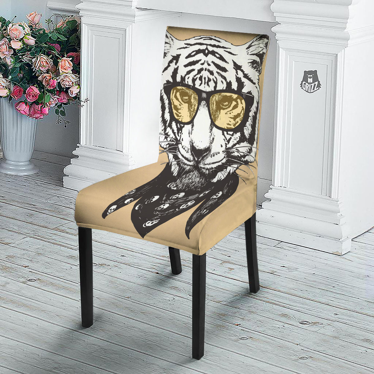 White Tiger With Sunglasses Print Pattern Dining Chair Slipcover-grizzshop