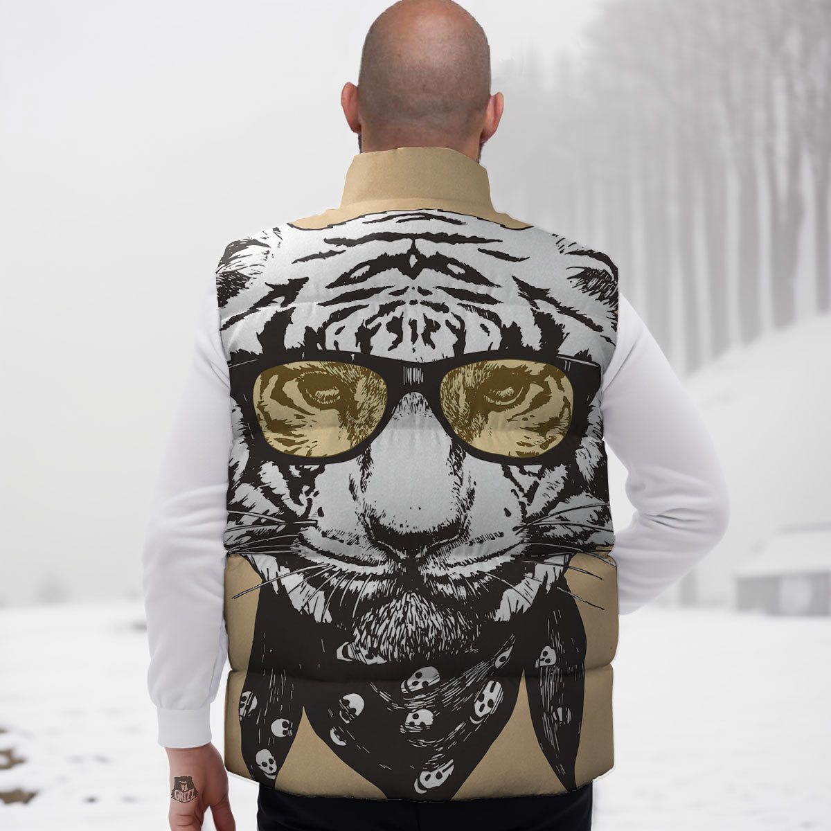 White Tiger With Sunglasses Print Pattern Down Vest