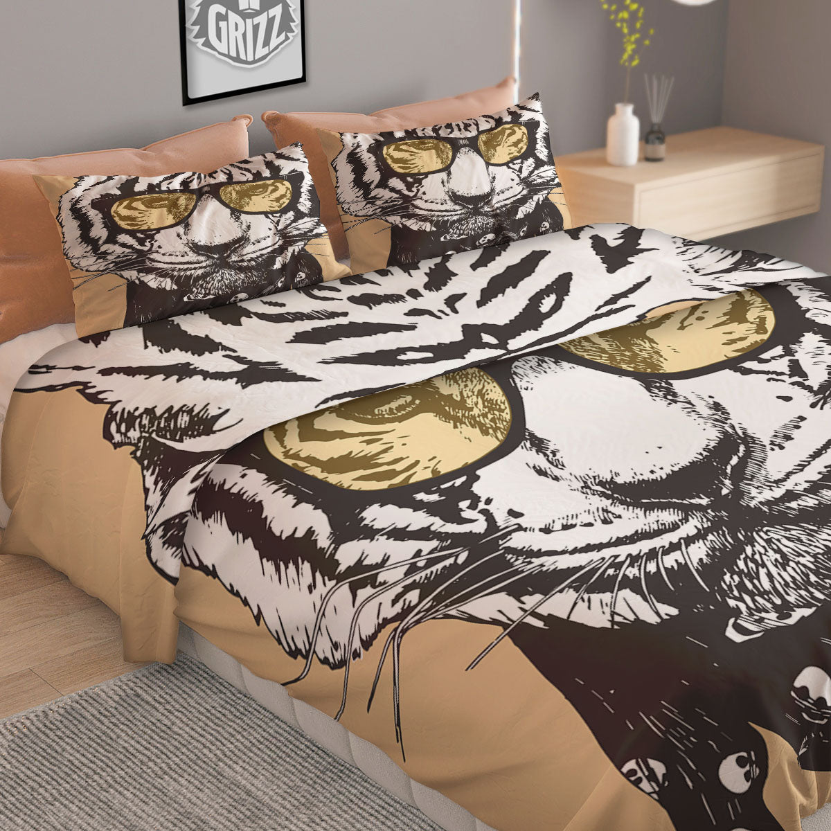 White Tiger With Sunglasses Print Pattern Duvet Cover Bedding Set