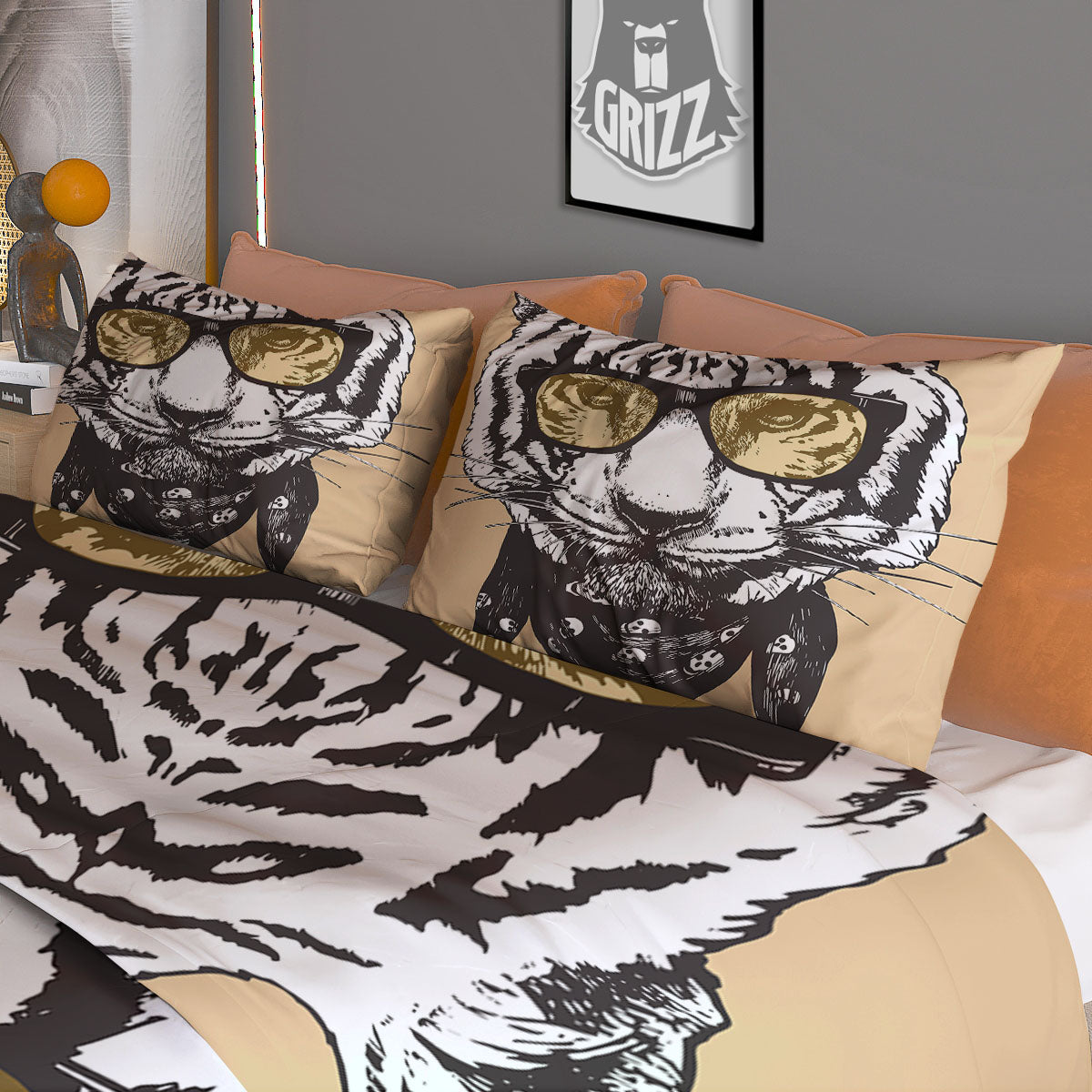 White Tiger With Sunglasses Print Pattern Duvet Cover Bedding Set