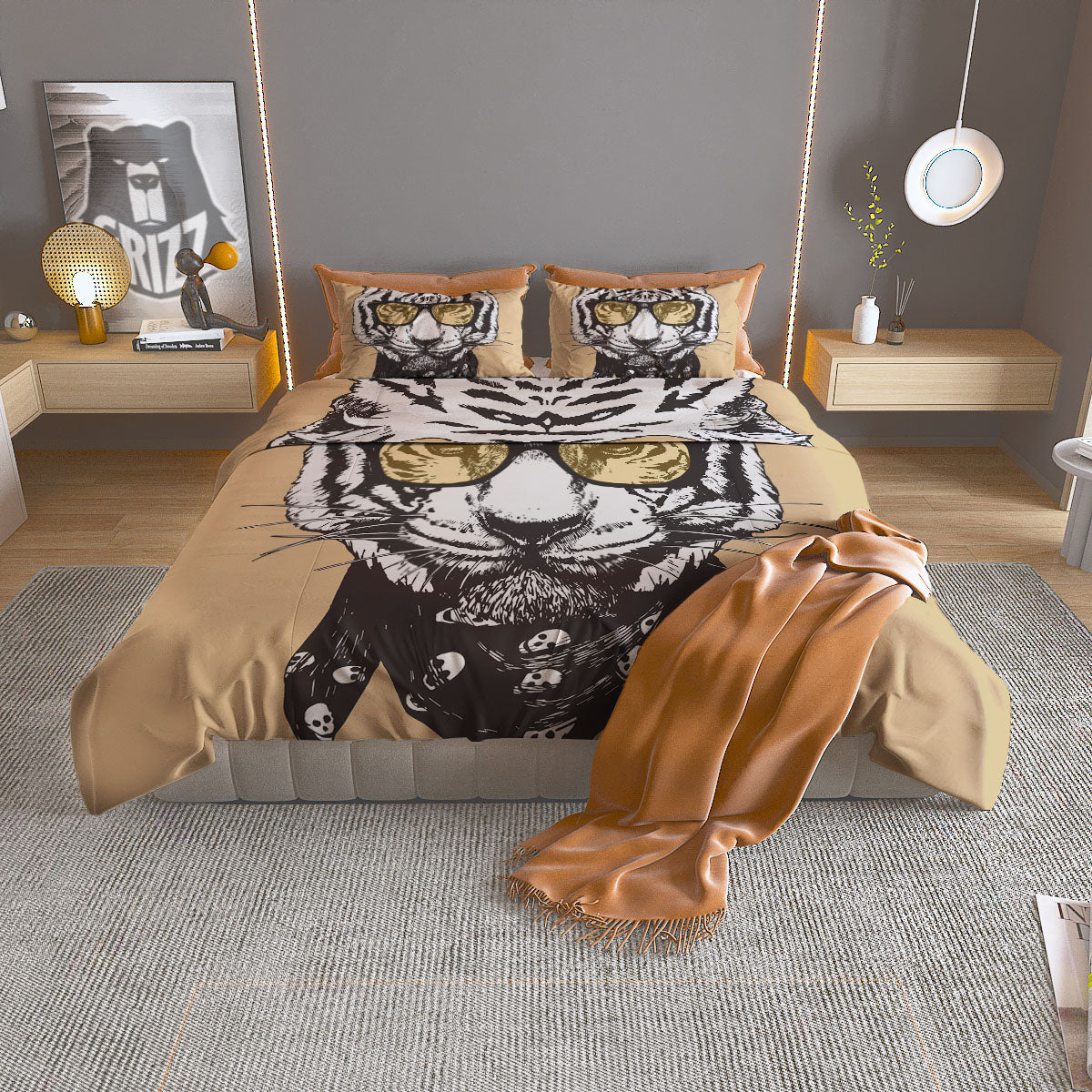 White Tiger With Sunglasses Print Pattern Duvet Cover Bedding Set
