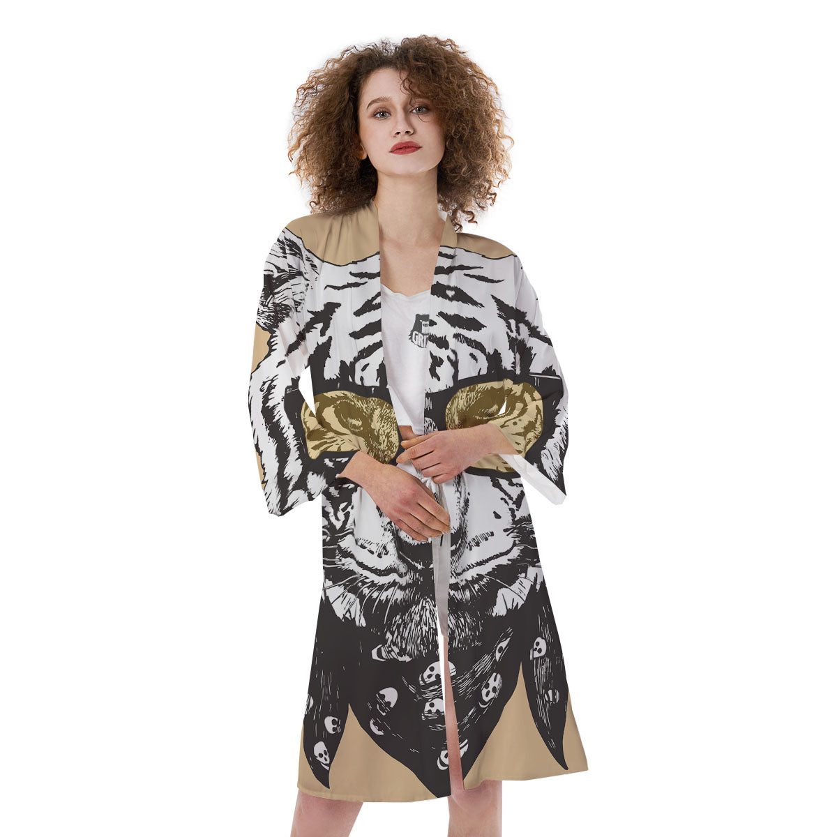 White Tiger With Sunglasses Print Pattern Kimono-grizzshop