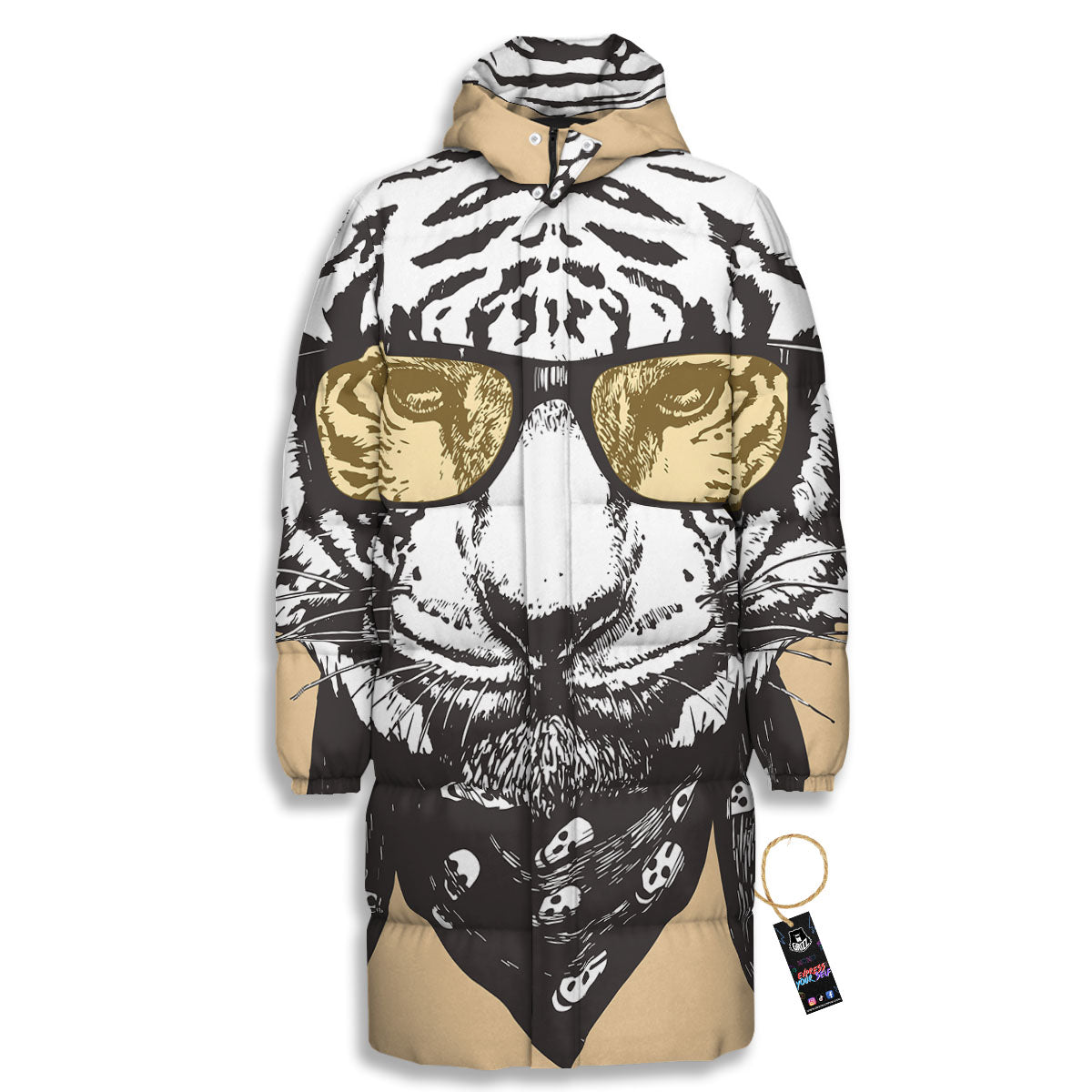 White Tiger With Sunglasses Print Pattern Long Down Jacket-grizzshop