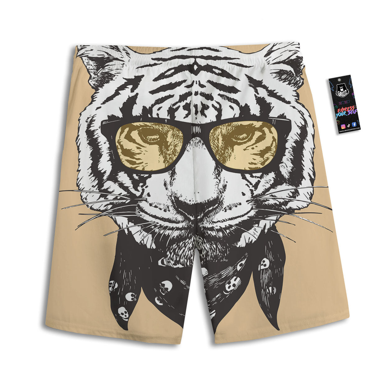 White Tiger With Sunglasses Print Pattern Men's Athletic Shorts