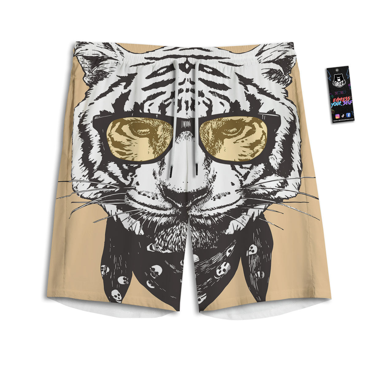 White Tiger With Sunglasses Print Pattern Men's Athletic Shorts