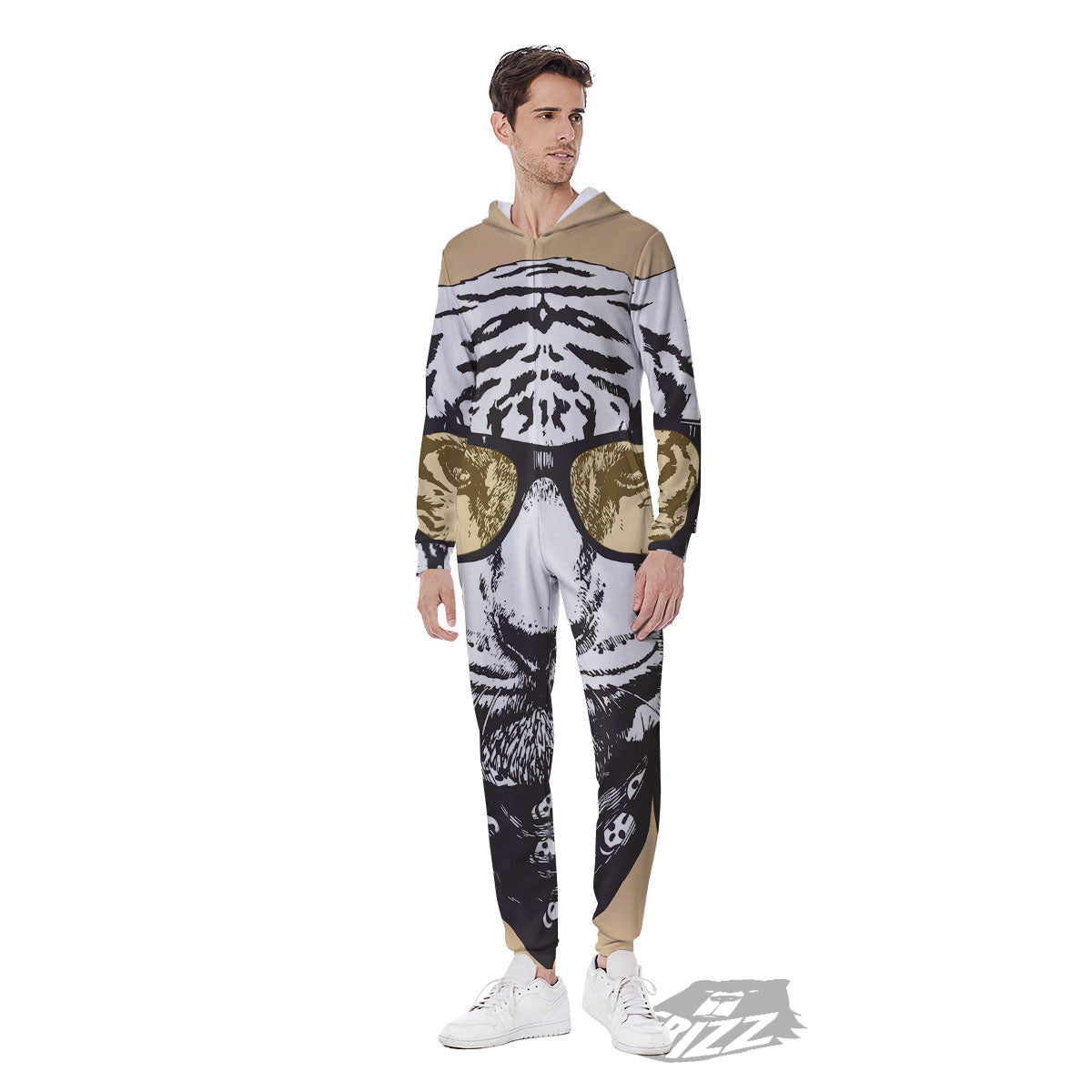 White Tiger With Sunglasses Print Pattern Men's Jumpsuit-grizzshop