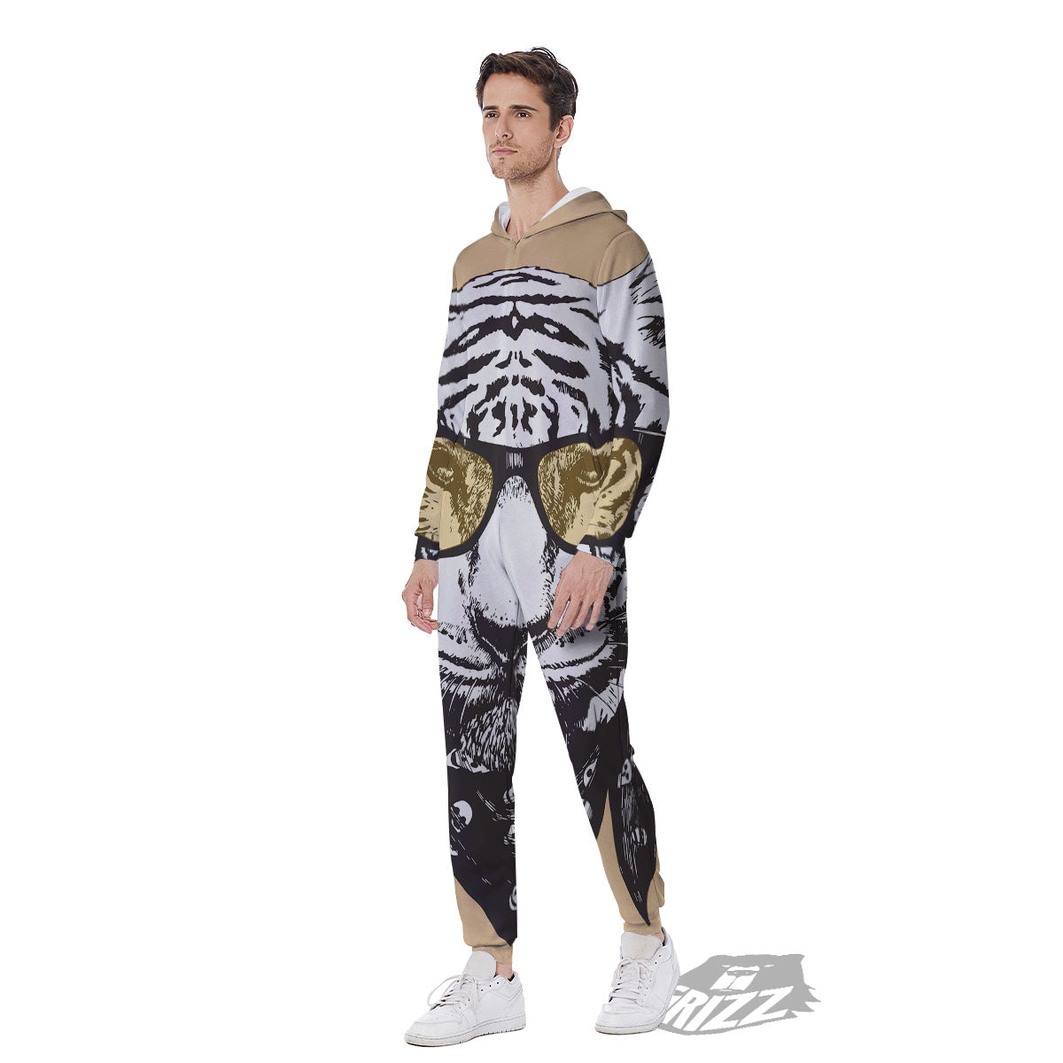 White Tiger With Sunglasses Print Pattern Men's Jumpsuit-grizzshop