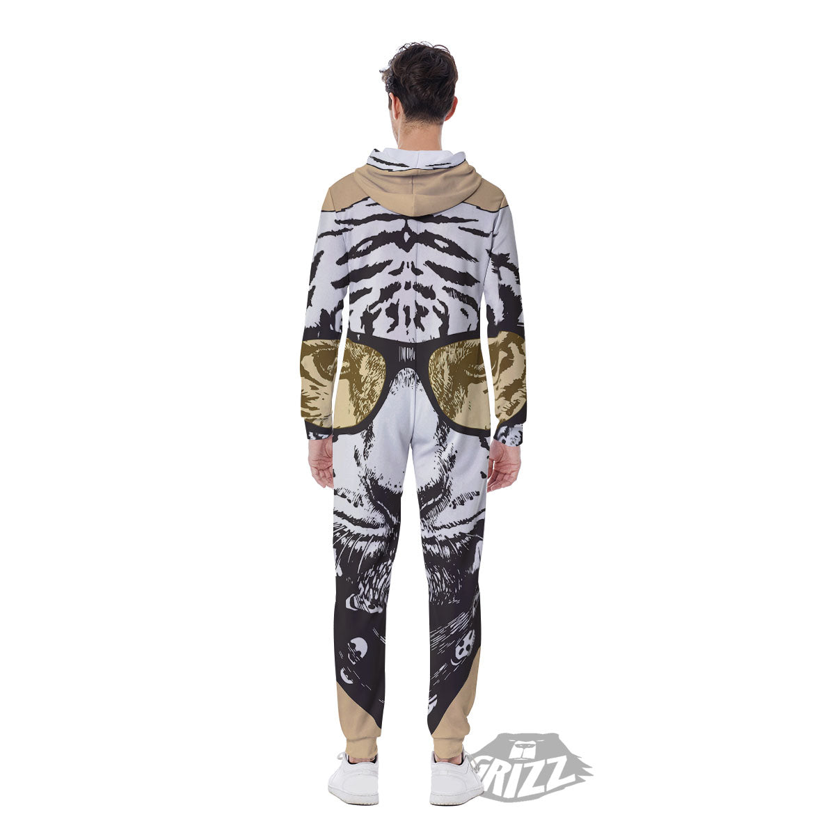 White Tiger With Sunglasses Print Pattern Men's Jumpsuit-grizzshop